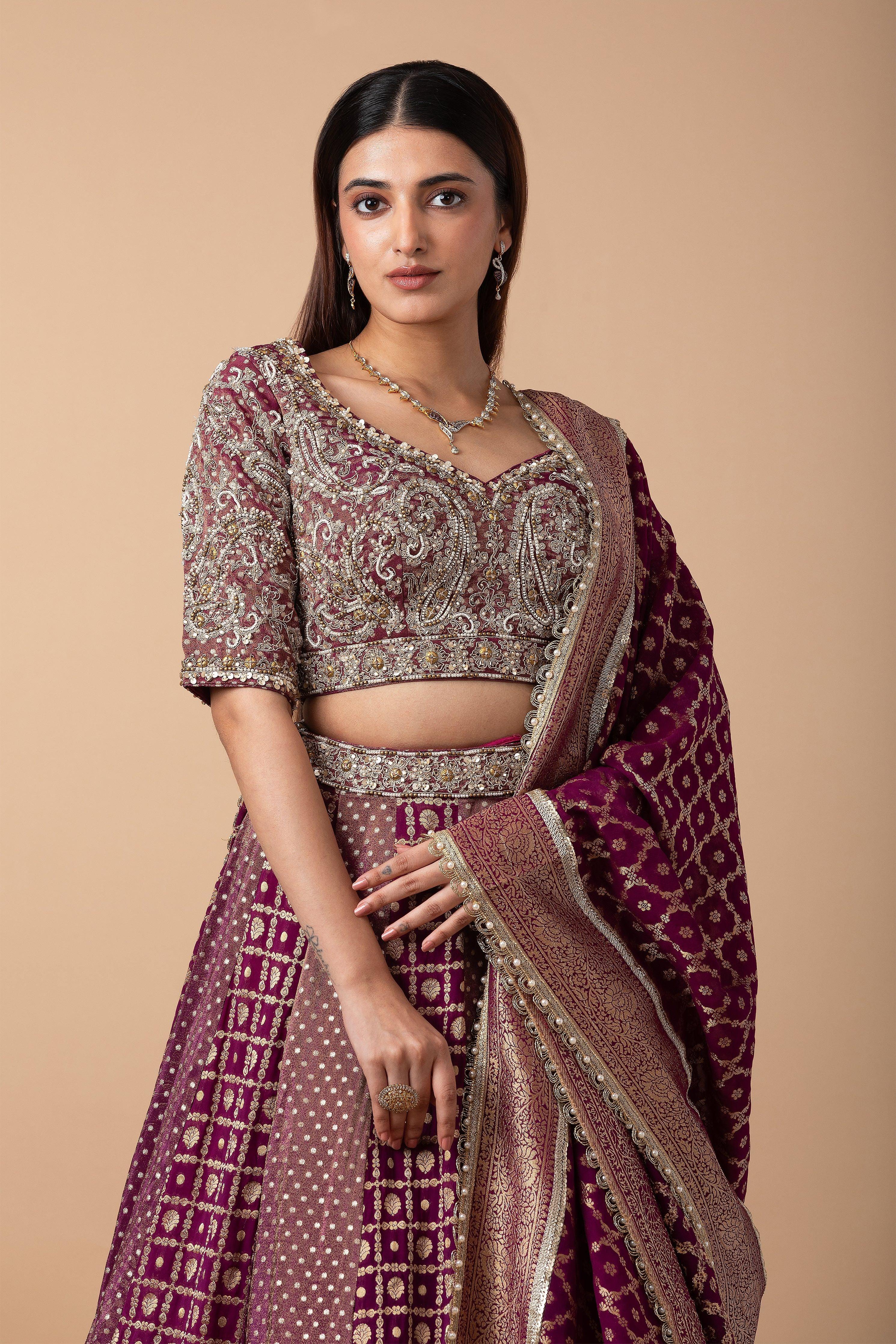 Deep Wine Banarasi silk Lehenga Set - Mokshaa