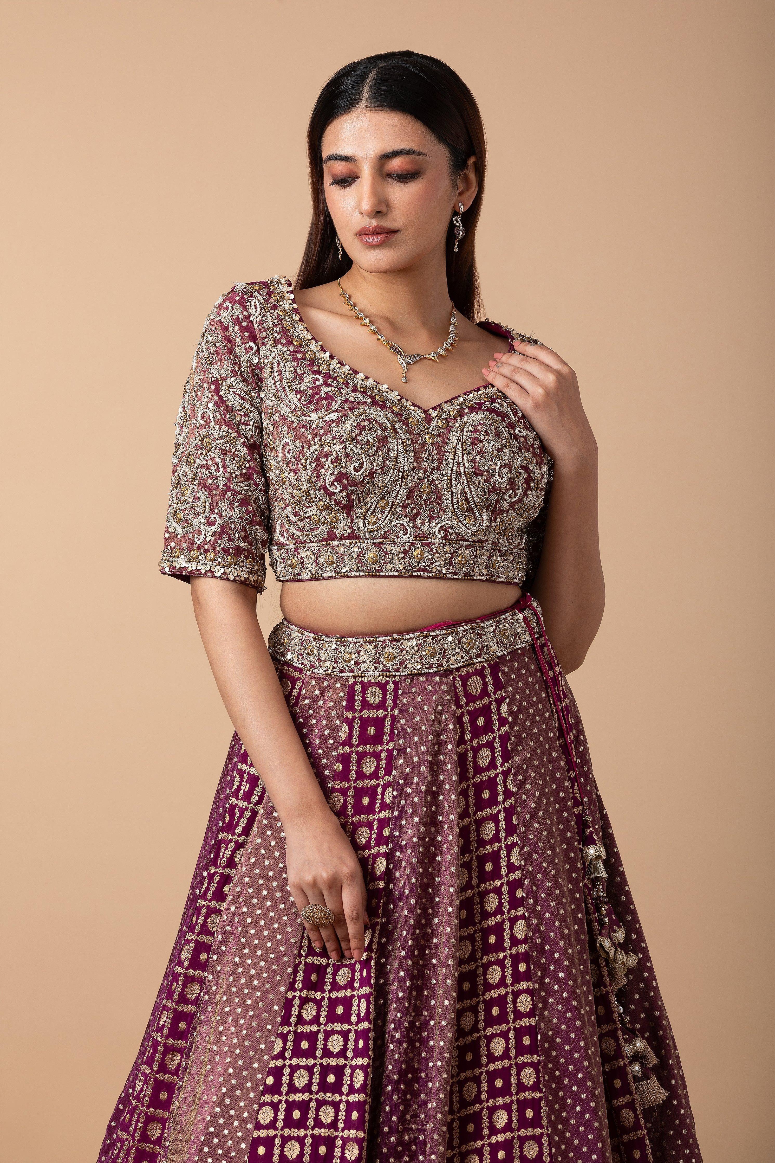 Deep Wine Banarasi silk Lehenga Set - Mokshaa