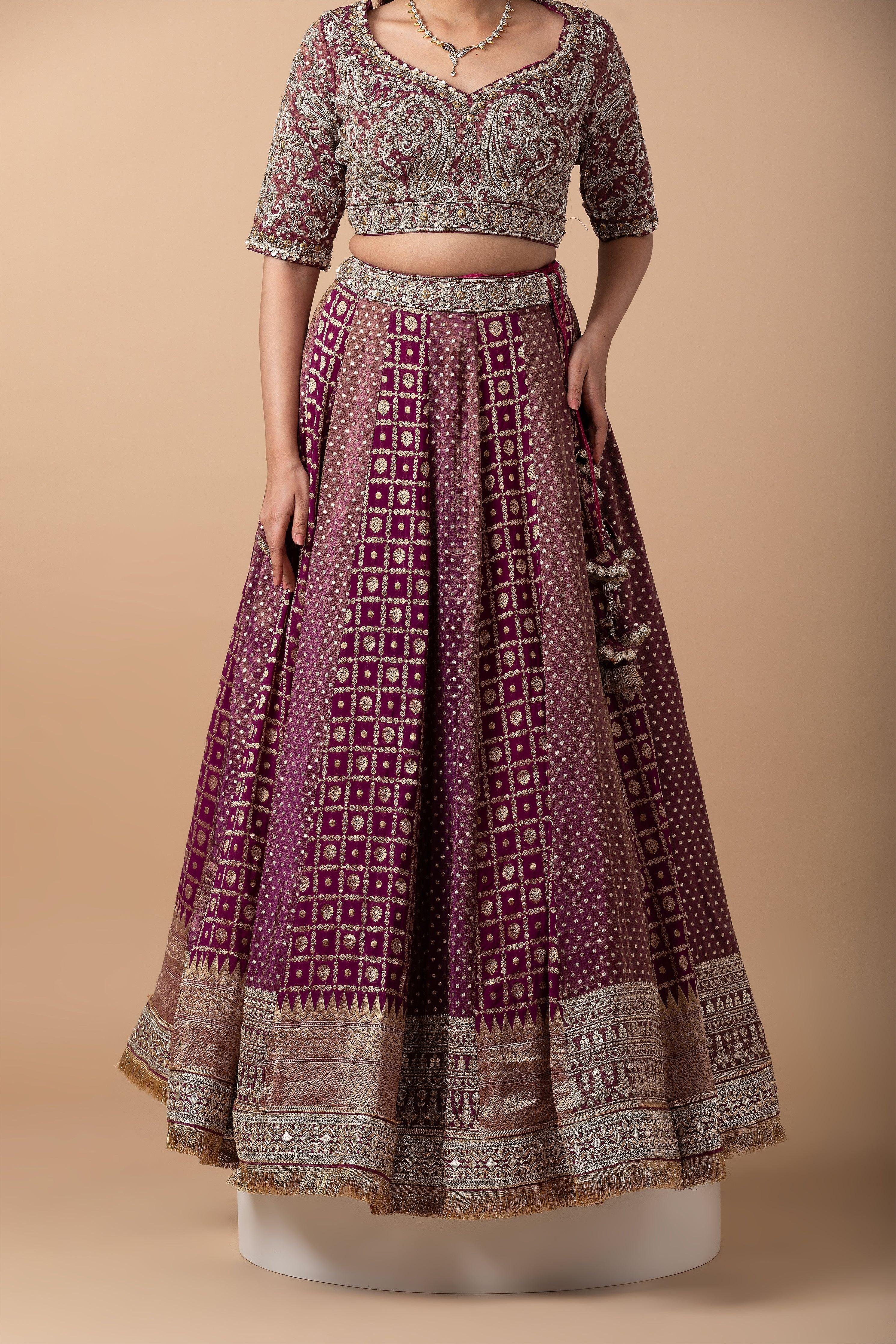 Deep Wine Banarasi silk Lehenga Set - Mokshaa