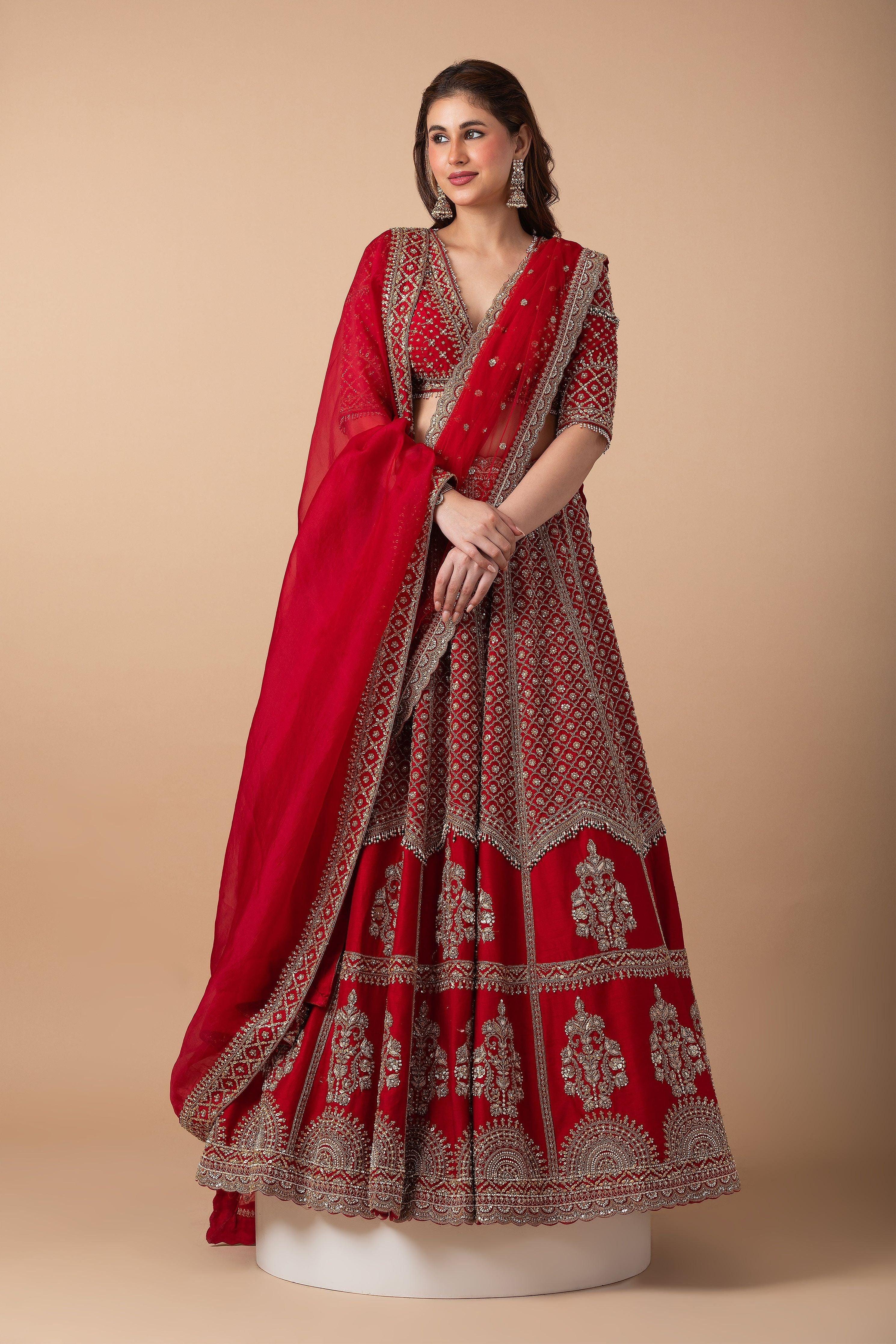 Scarlet Red Embroidered Lehenga Set - Mokshaa