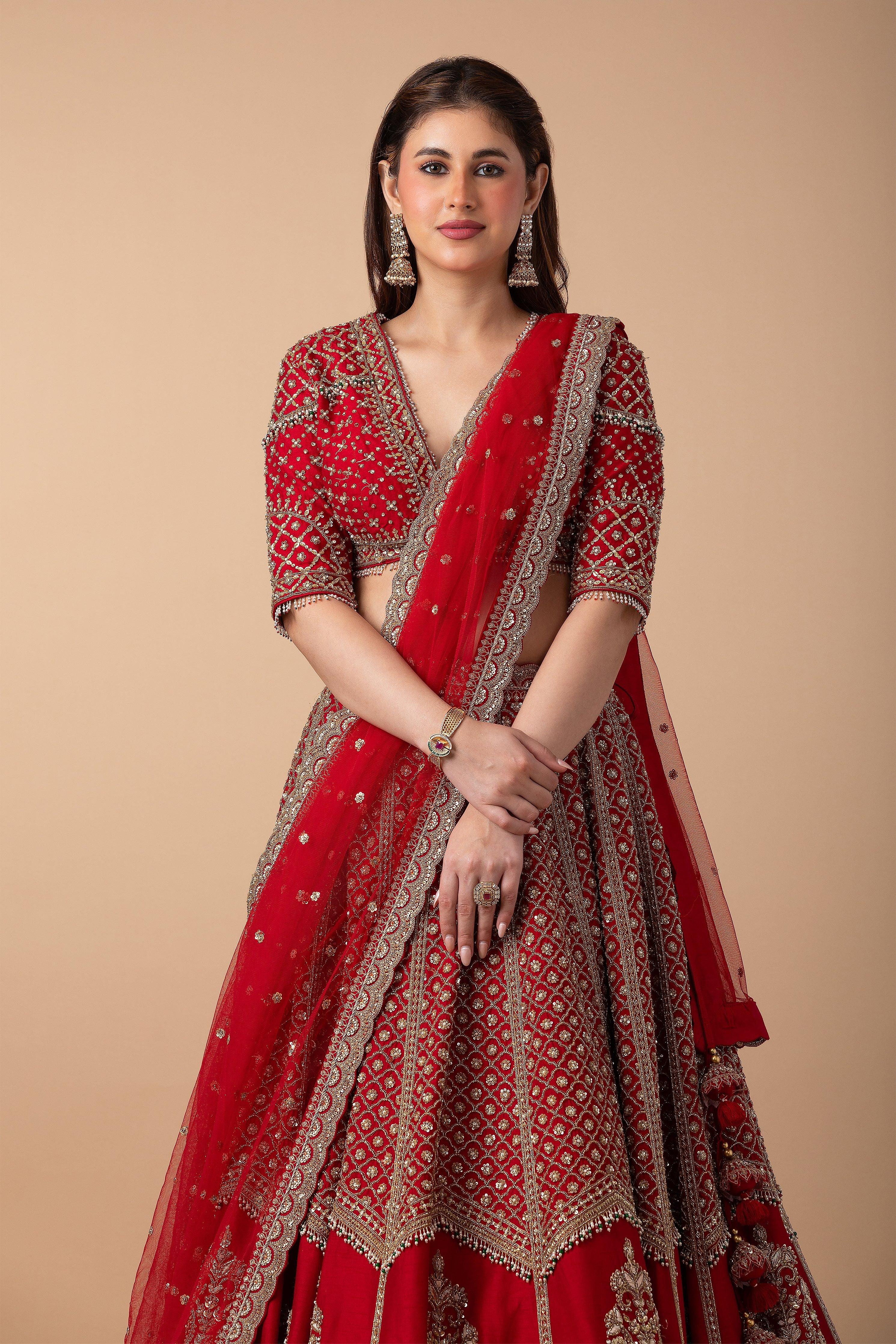 Scarlet Red Embroidered Lehenga Set - Mokshaa