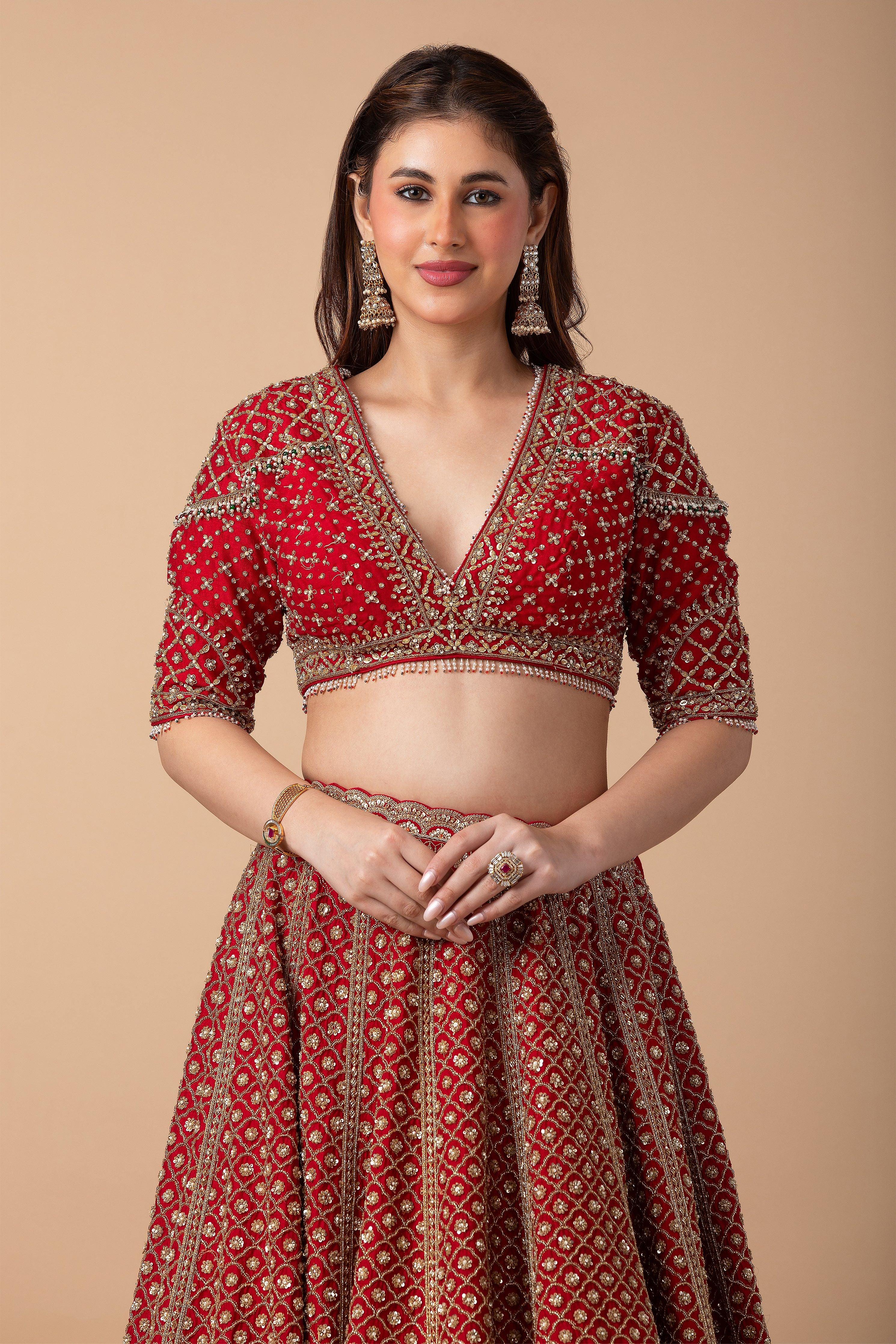 Scarlet Red Embroidered Lehenga Set - Mokshaa