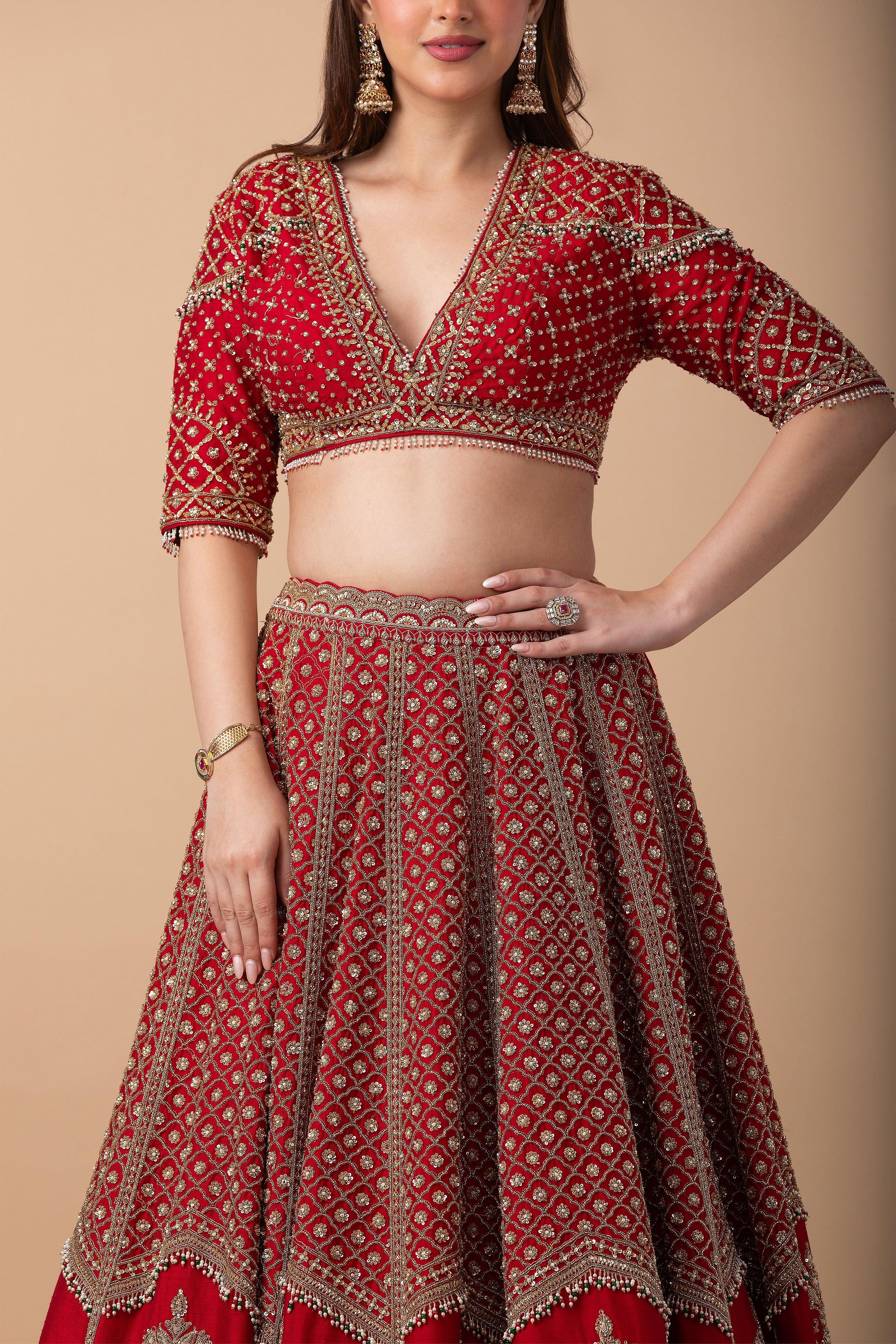 Scarlet Red Embroidered Lehenga Set - Mokshaa