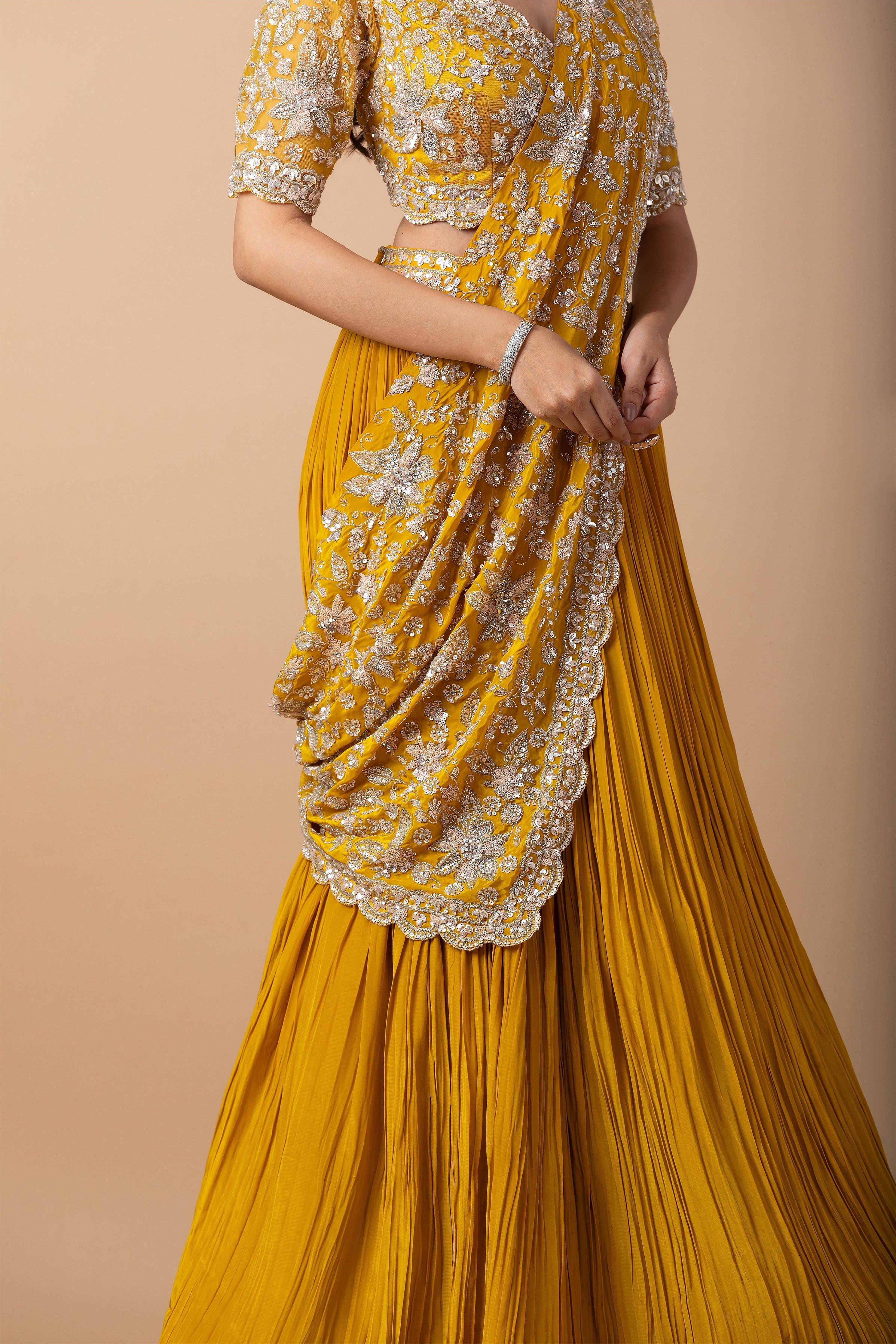 Mustard Yellow Embroidered Lehenga Set - Mokshaa