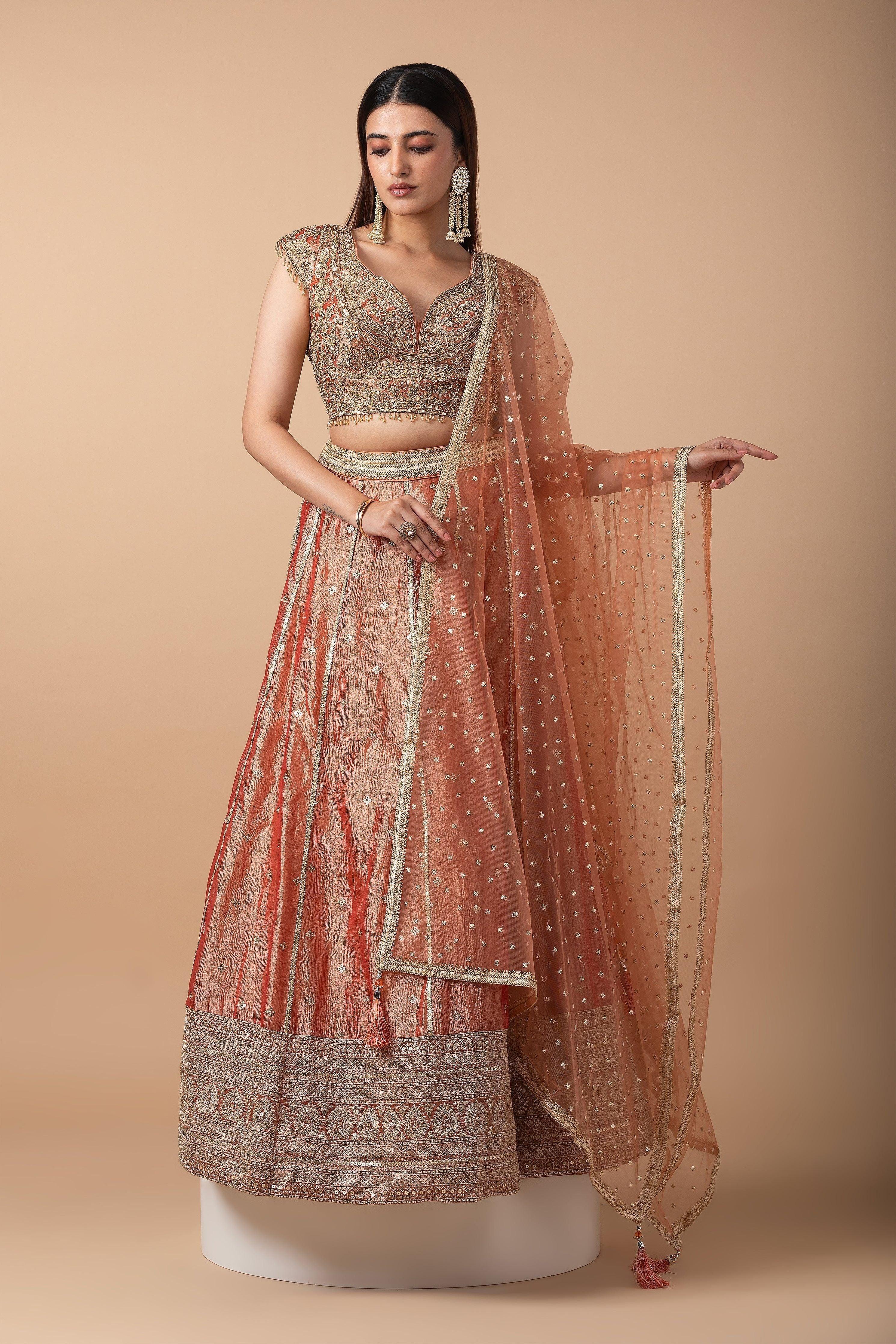 Peach Gold Embroidered Lehenga Set - Mokshaa