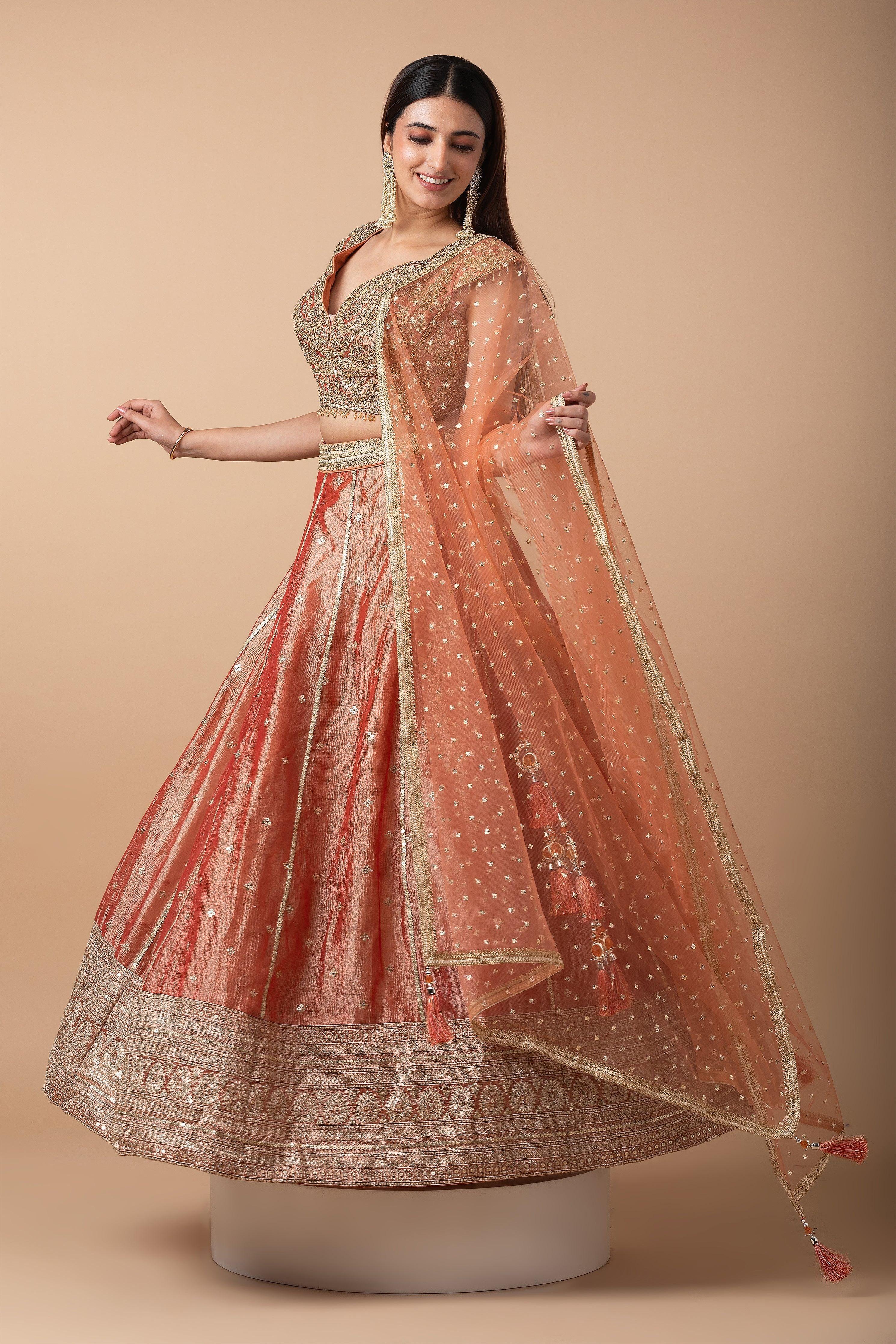 Peach Gold Embroidered Lehenga Set - Mokshaa