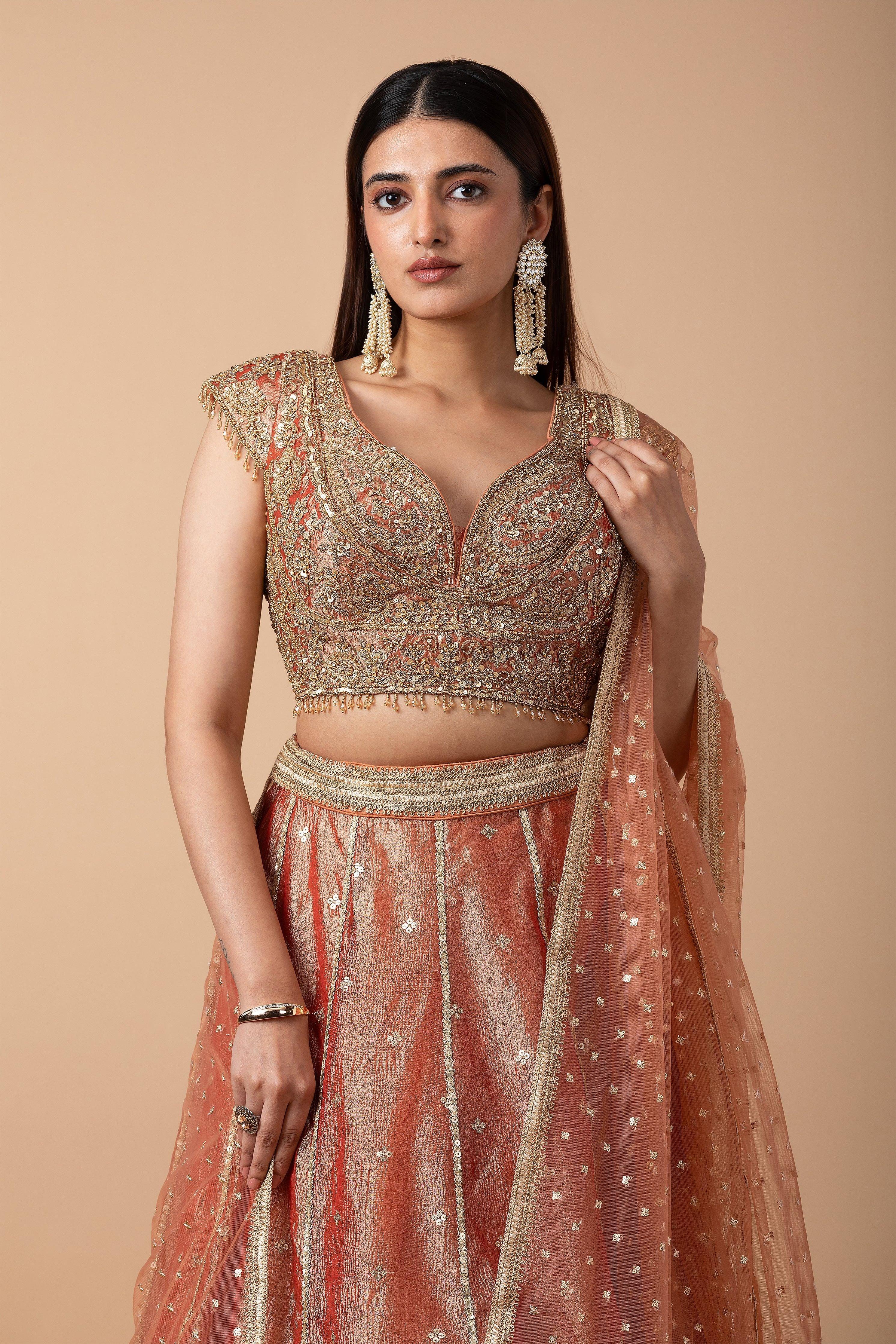 Peach Gold Embroidered Lehenga Set - Mokshaa
