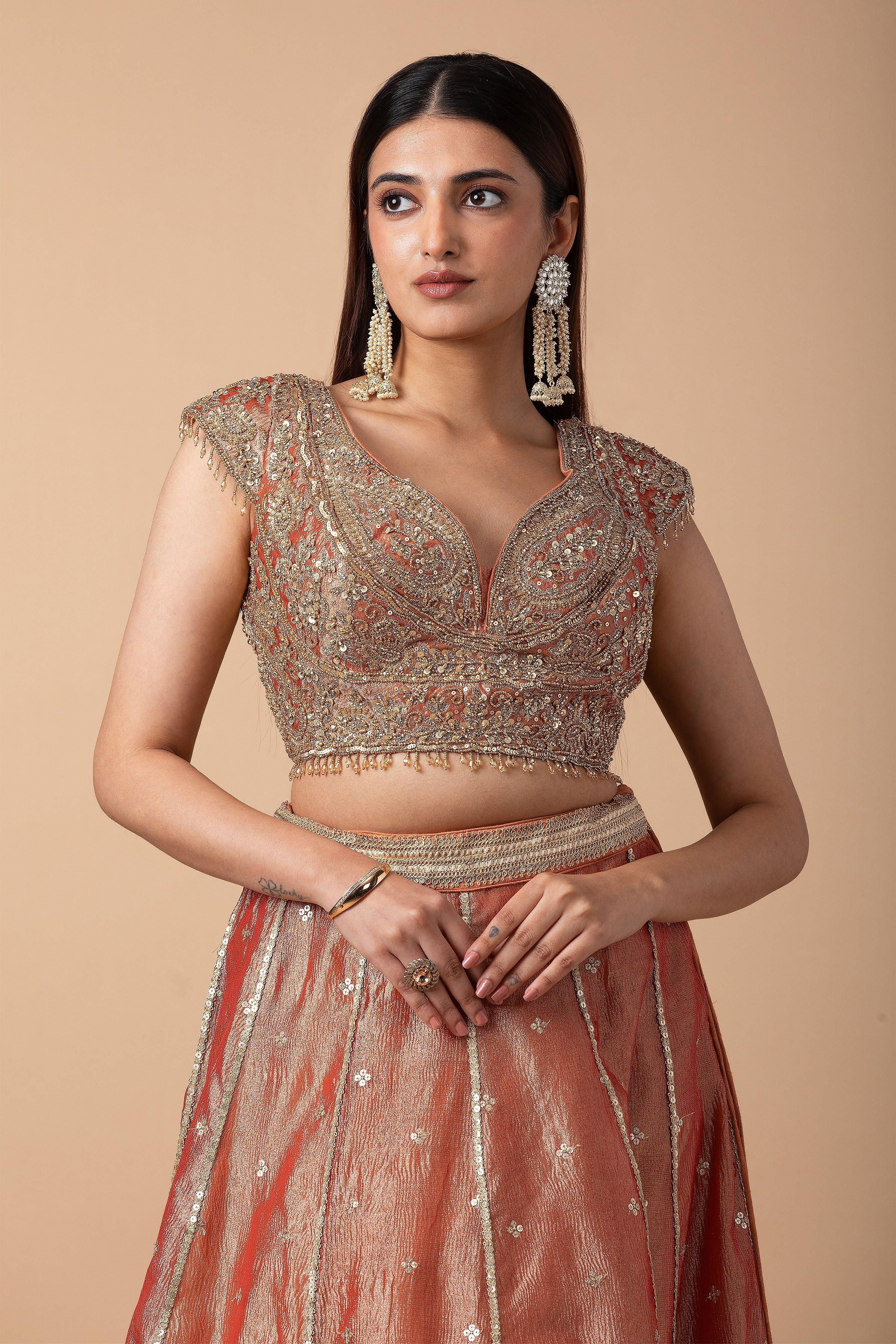 Peach Gold Embroidered Lehenga Set - Mokshaa