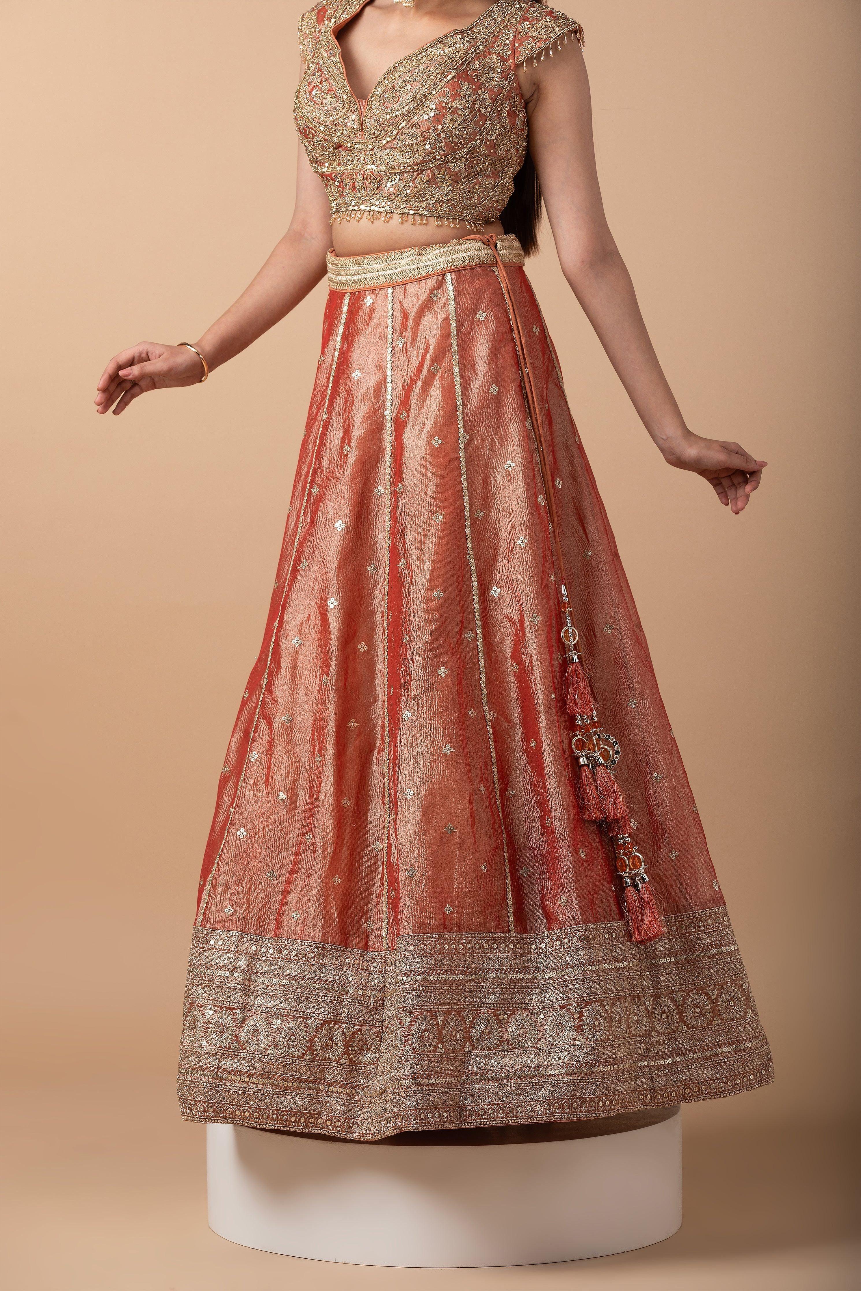 Peach Gold Embroidered Lehenga Set - Mokshaa