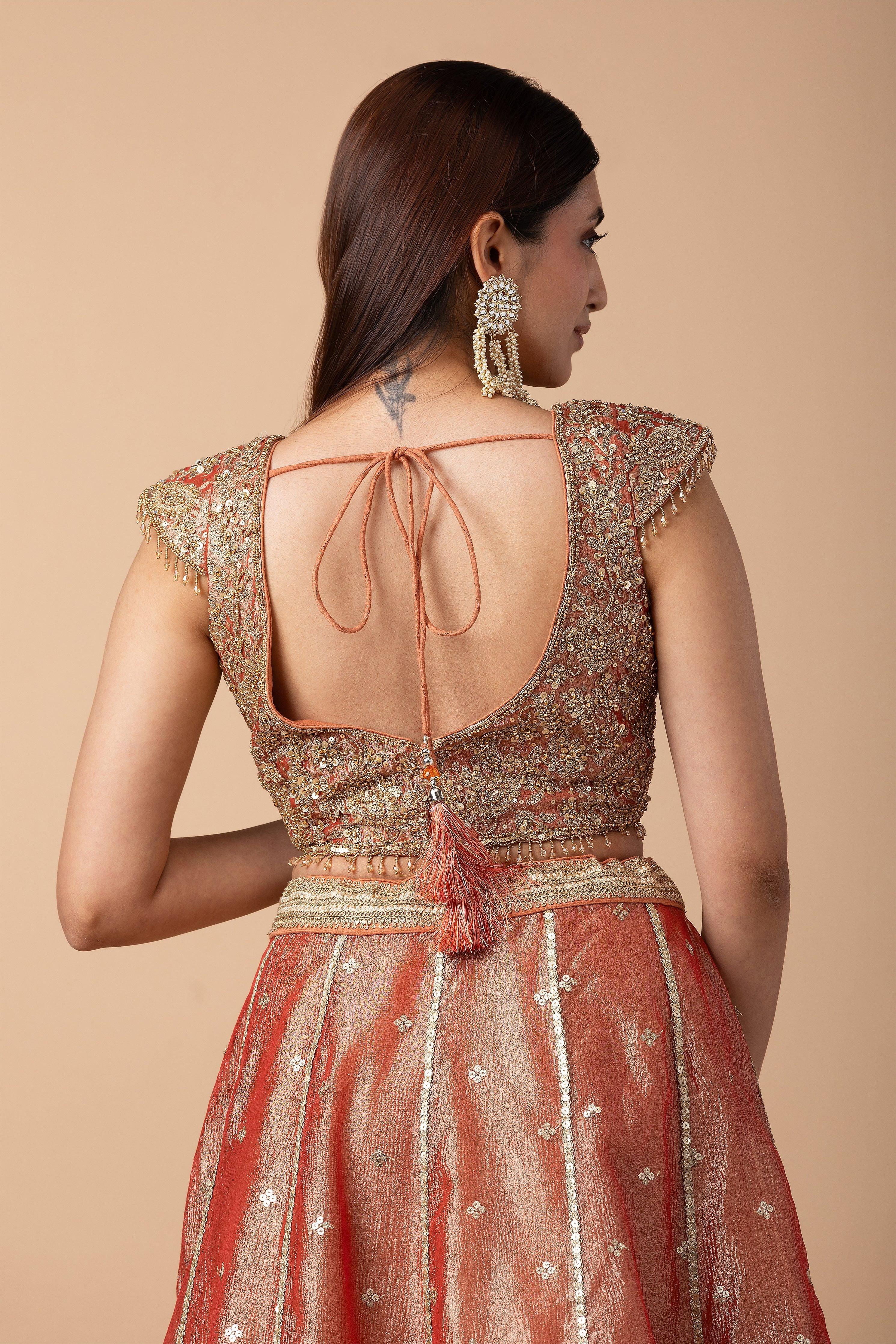 Peach Gold Embroidered Lehenga Set - Mokshaa