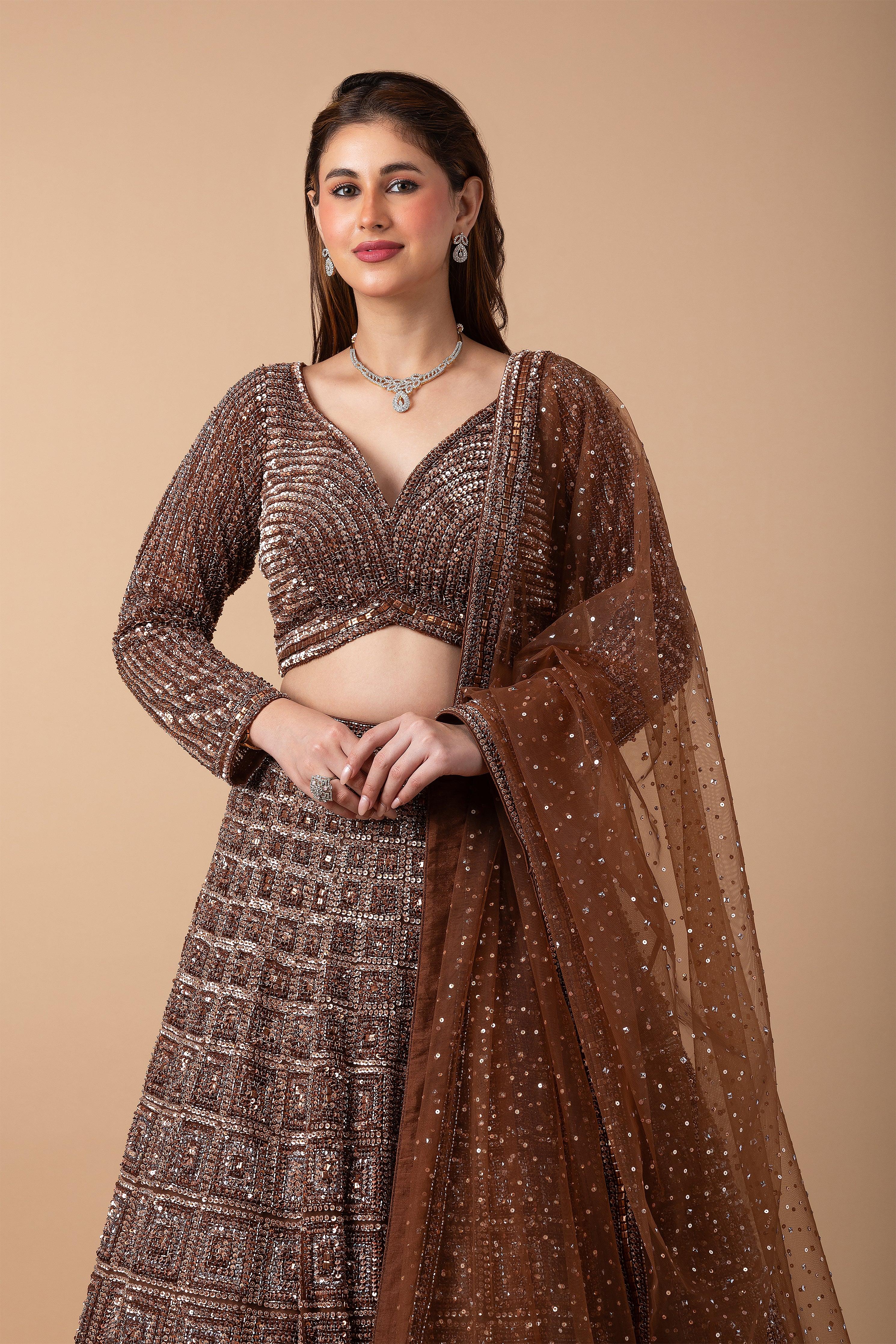 Mocha Brown sequin Lehenga Set - Mokshaa