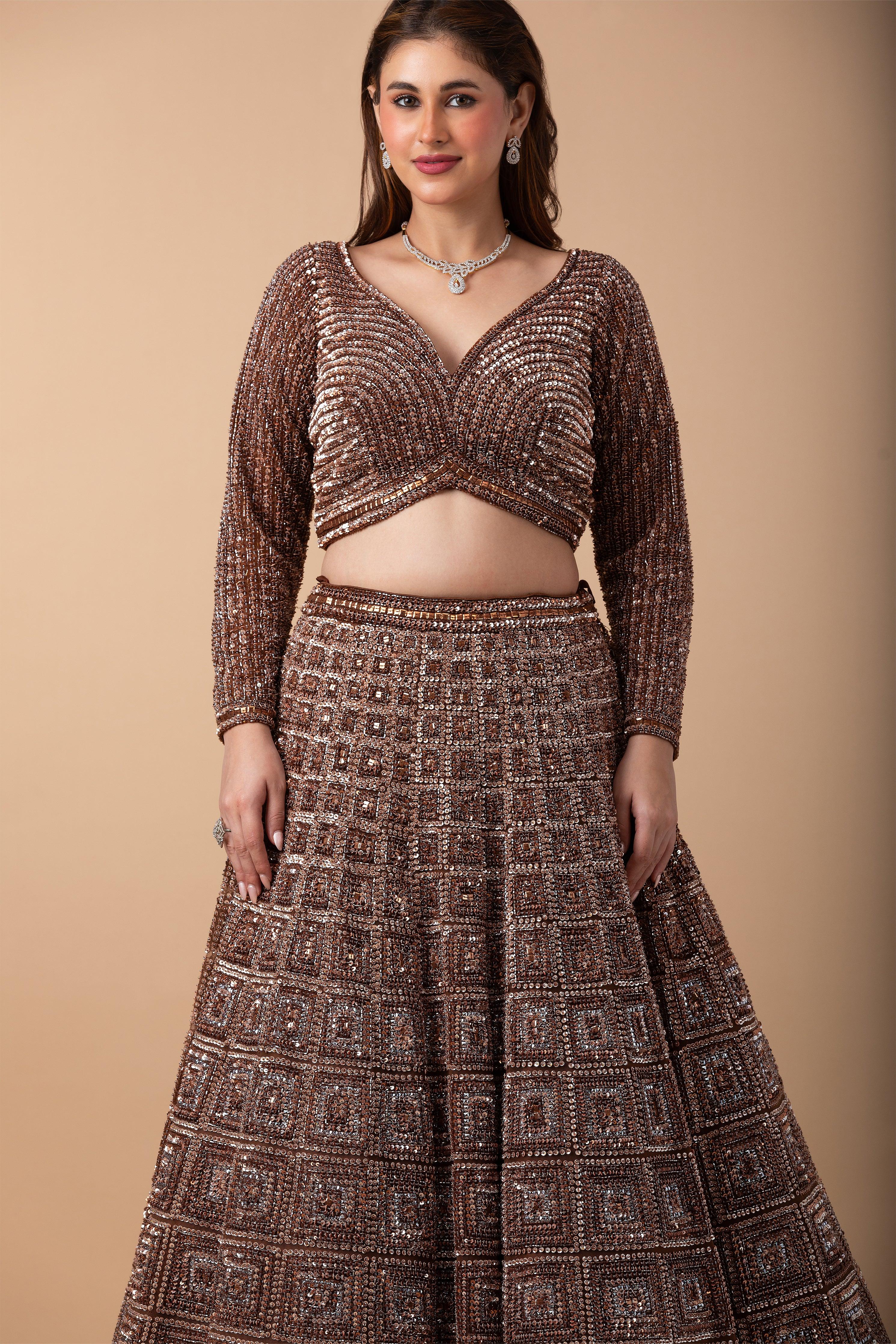 Mocha Brown sequin Lehenga Set - Mokshaa