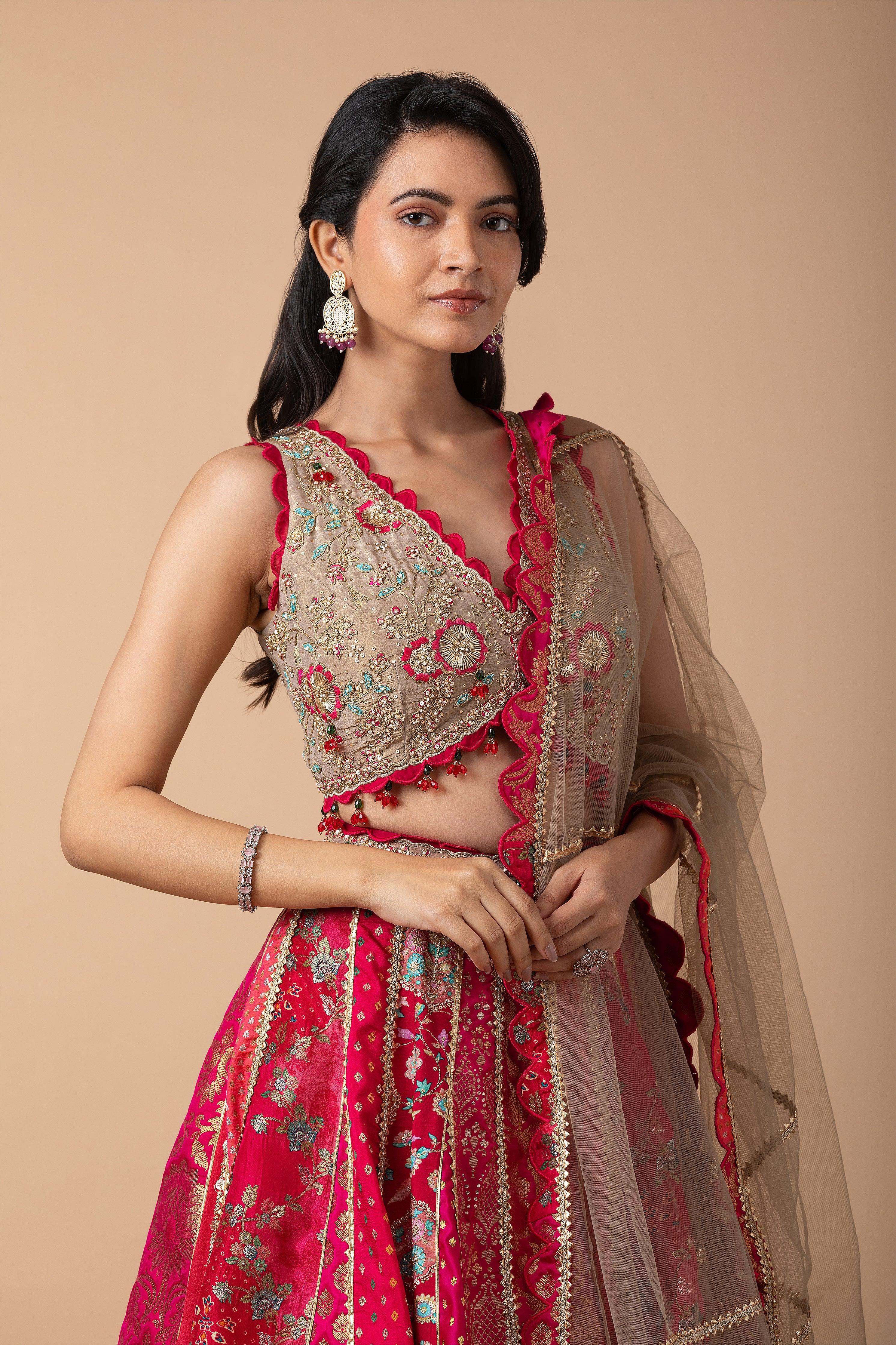 Fuchsia Pink and Gold Patchwork Banarasi Lehenga Set - Mokshaa