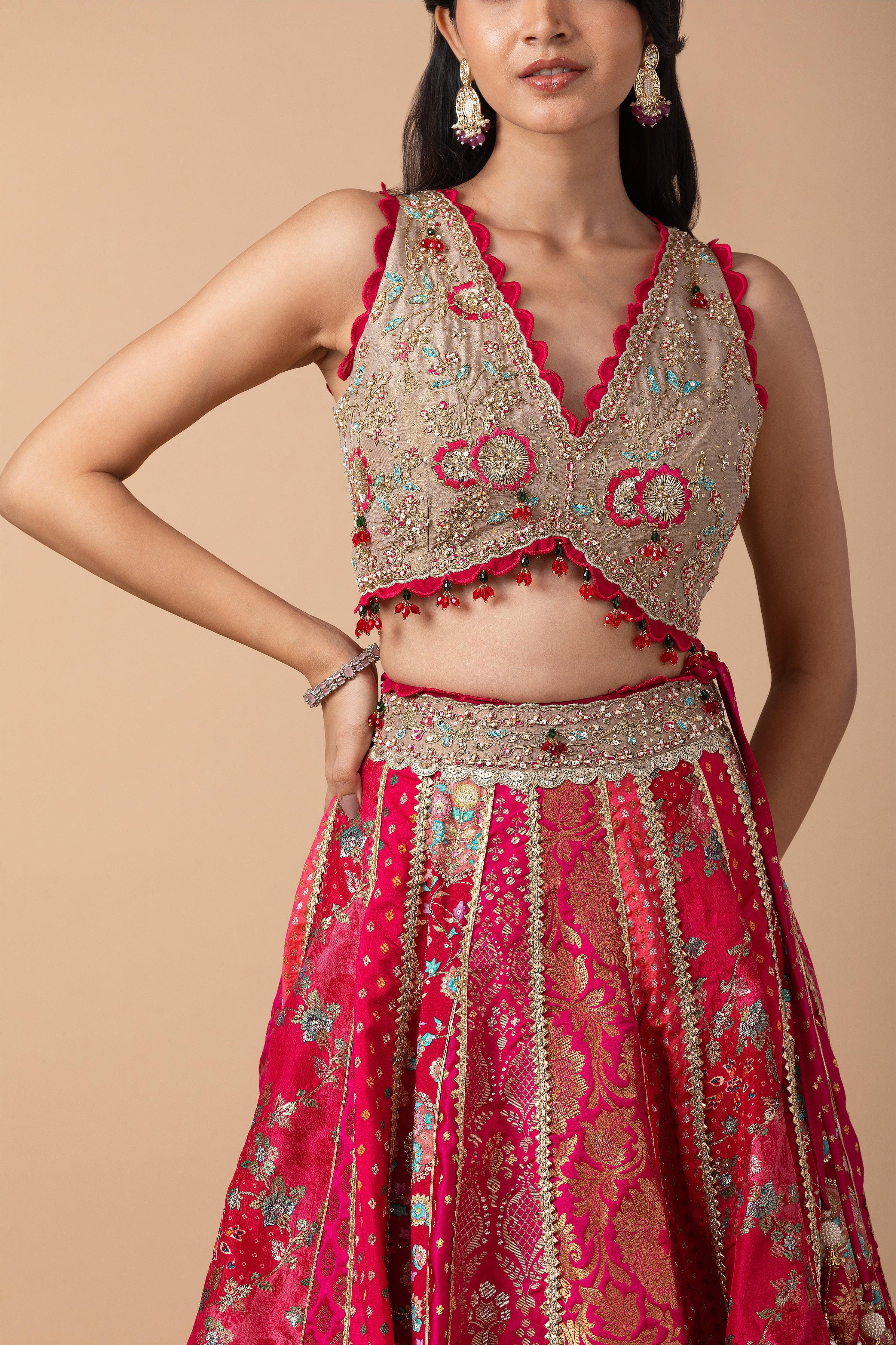 Fuchsia Pink and Gold Patchwork Banarasi Lehenga Set - Mokshaa