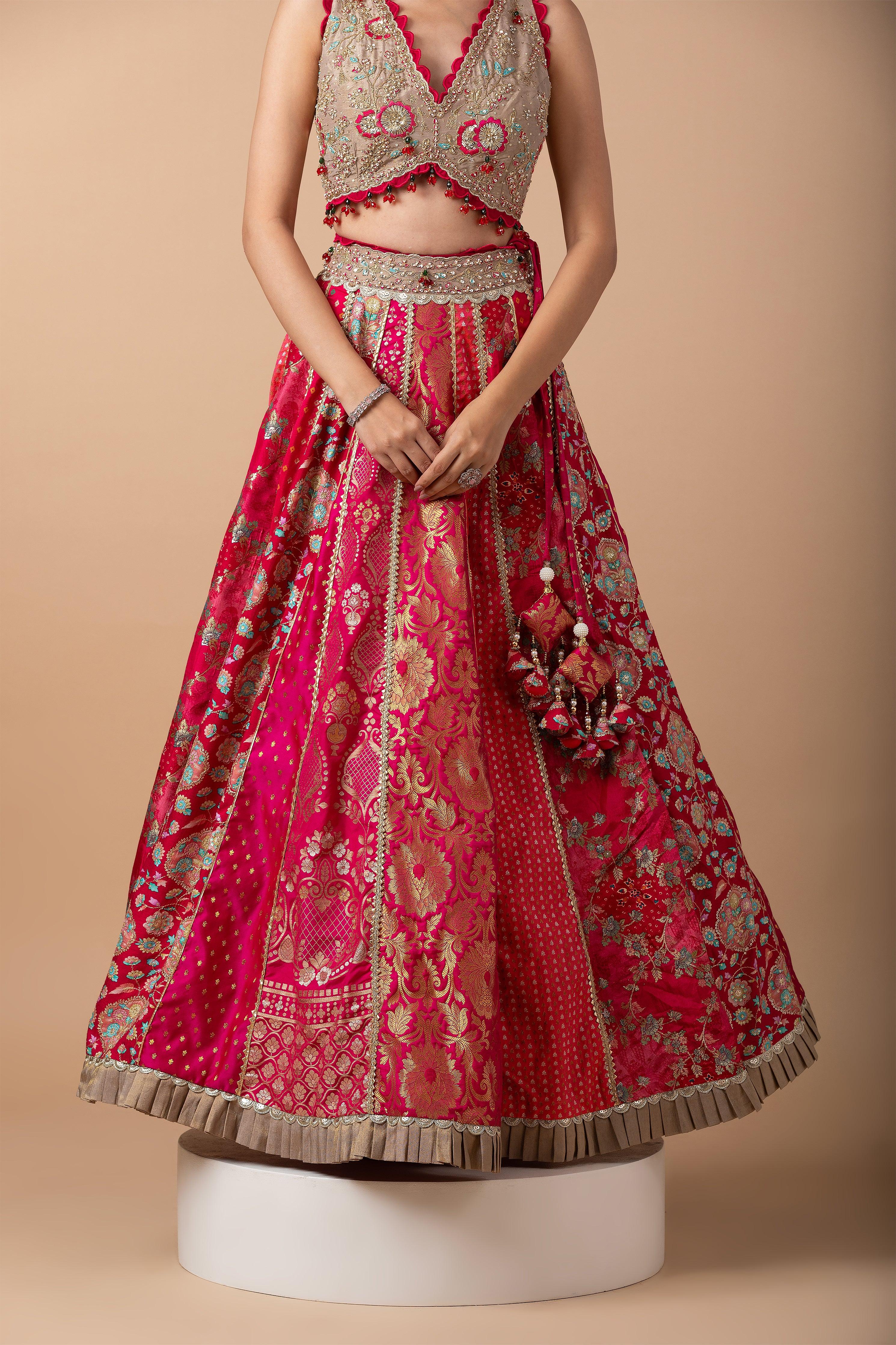 Fuchsia Pink and Gold Patchwork Banarasi Lehenga Set - Mokshaa