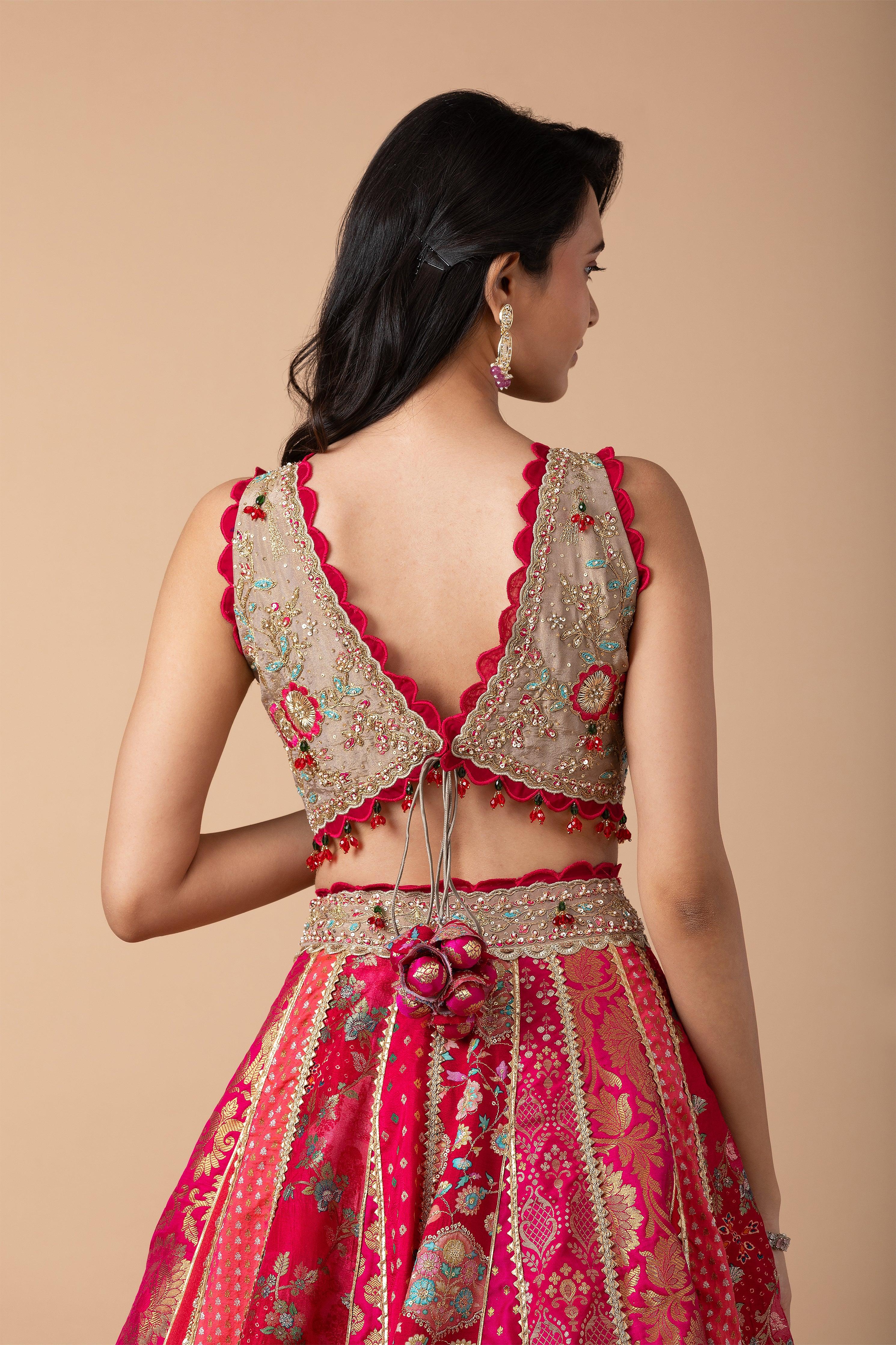 Fuchsia Pink and Gold Patchwork Banarasi Lehenga Set - Mokshaa