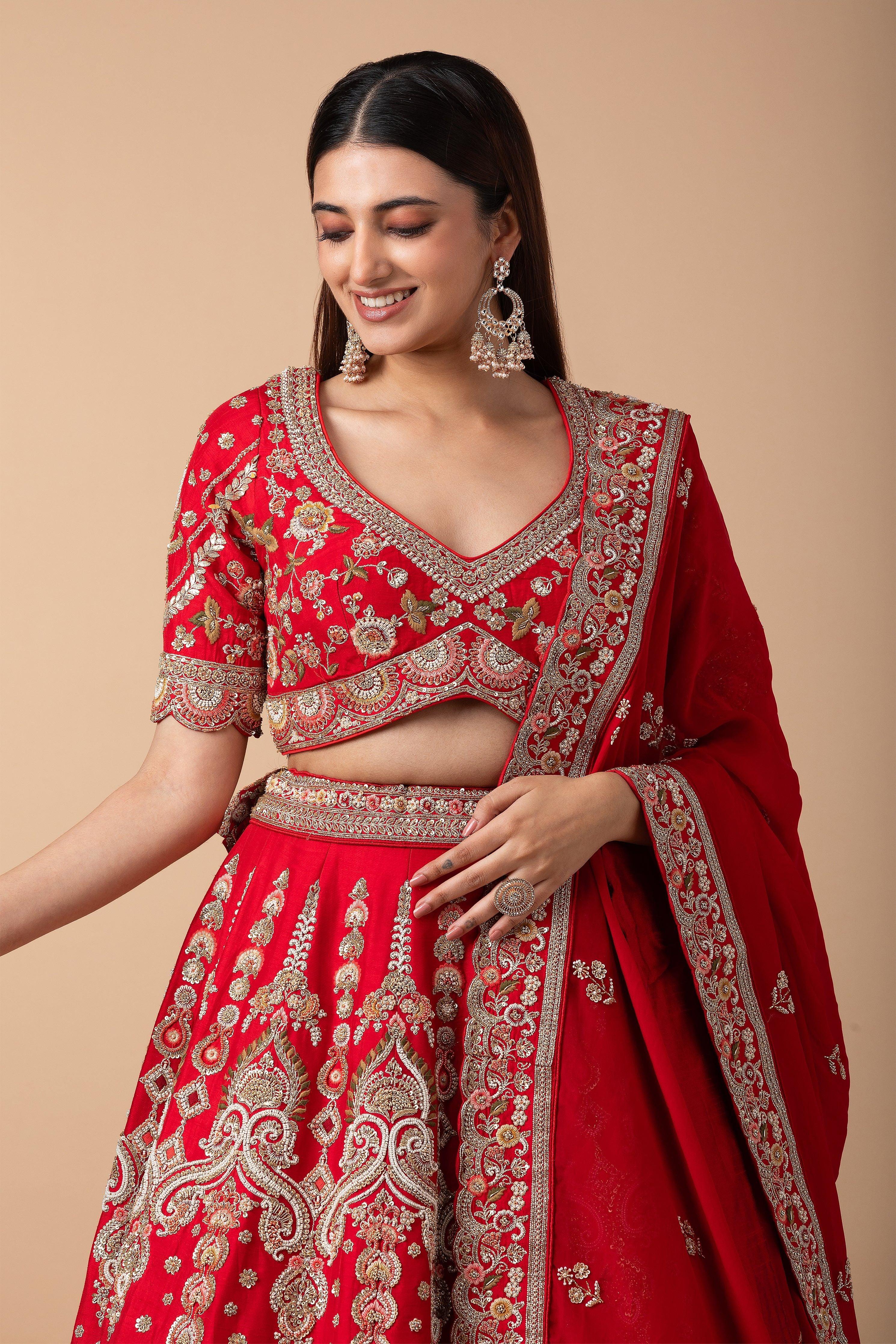 Crimson Red Silk Lehenga Set - Mokshaa
