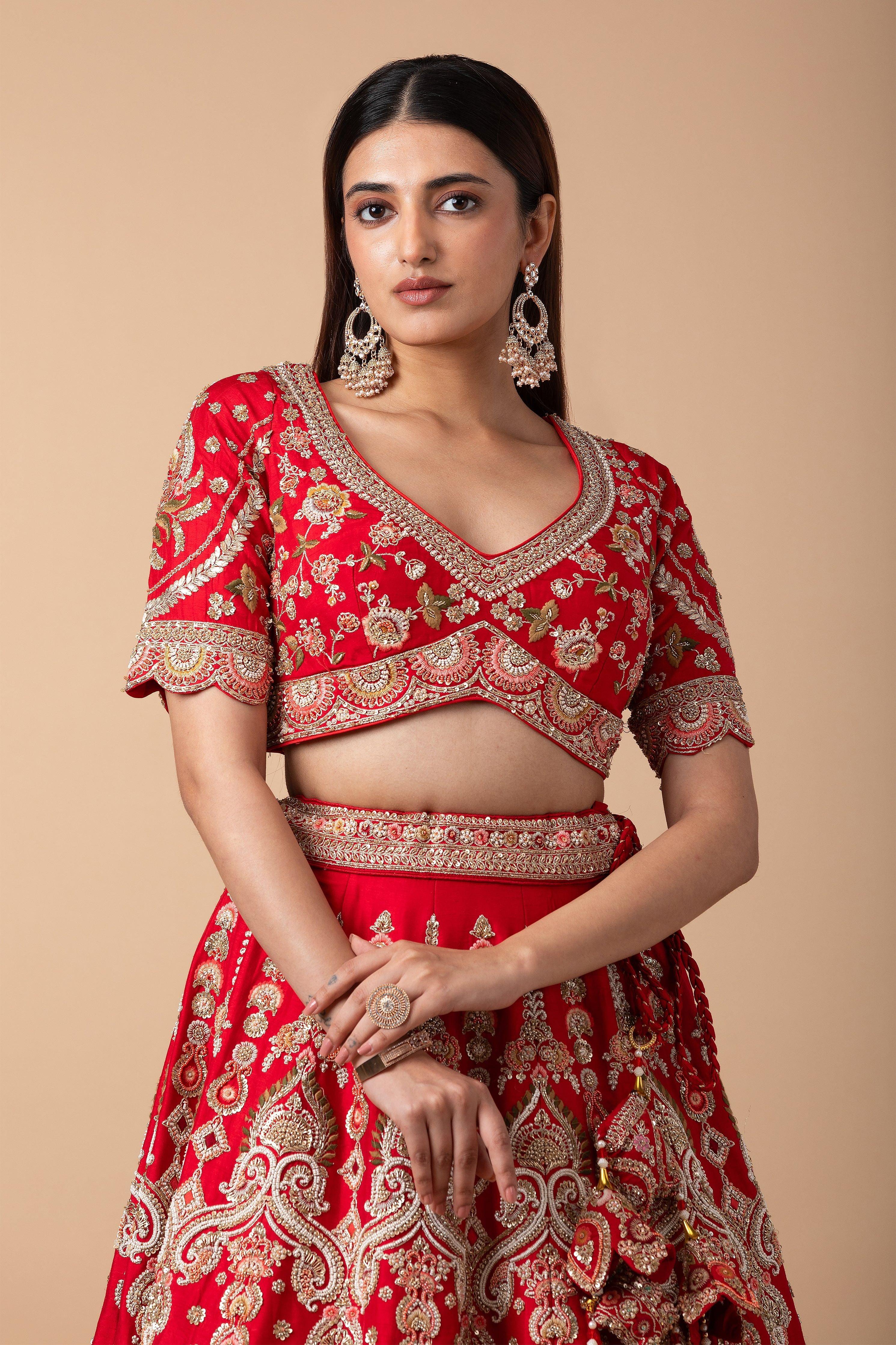 Crimson Red Silk Lehenga Set - Mokshaa