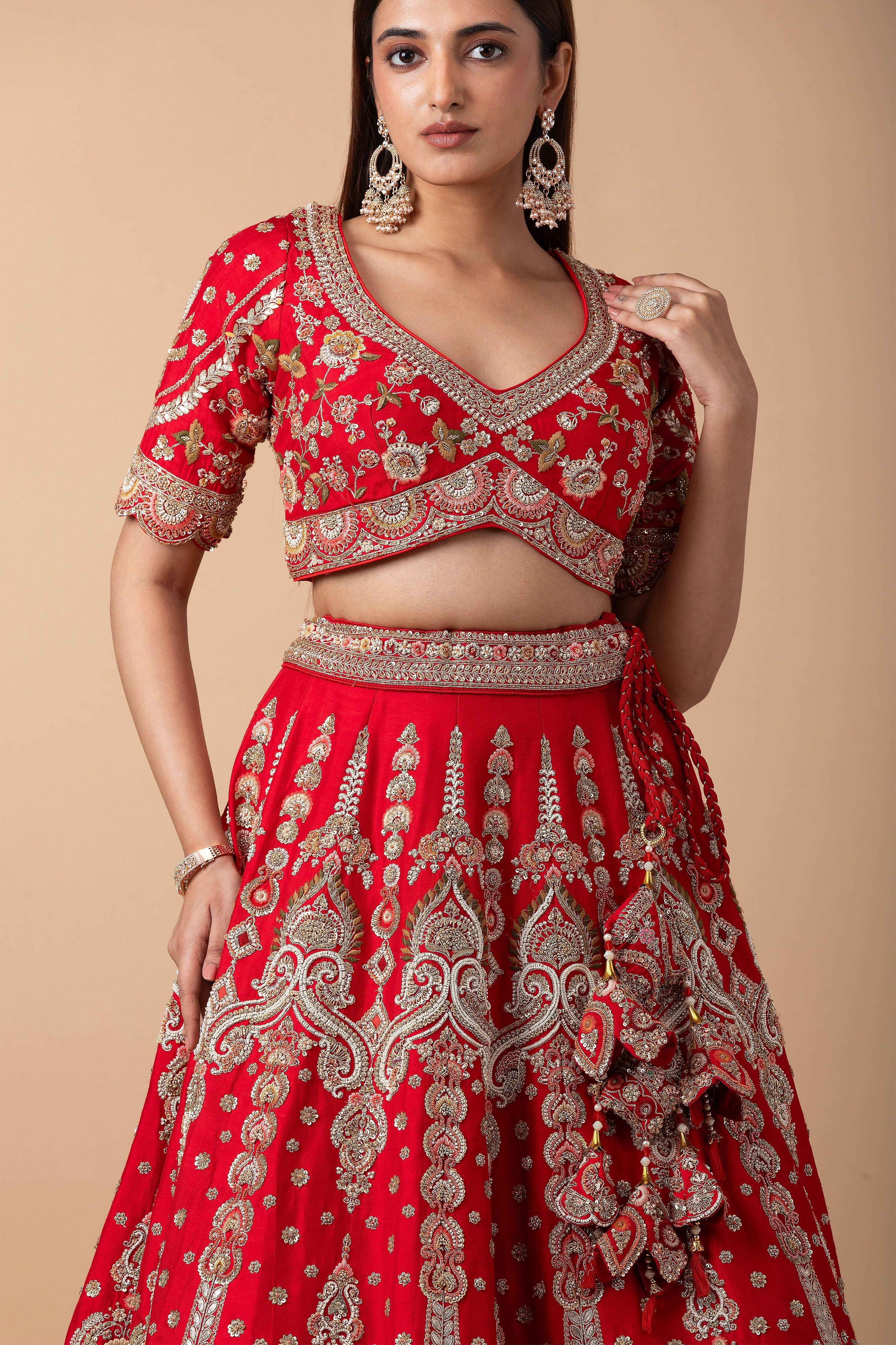 Crimson Red Silk Lehenga Set - Mokshaa