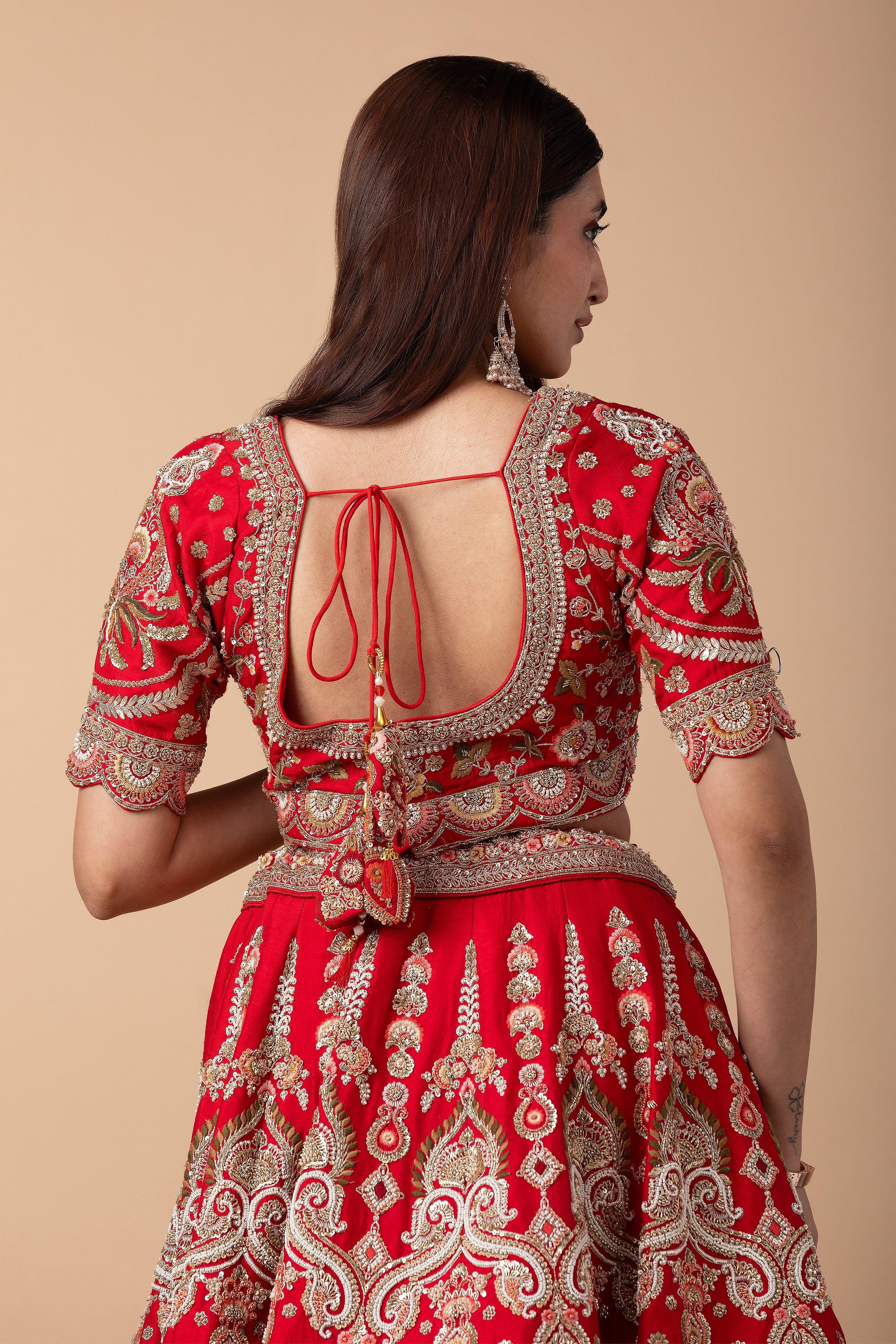 Crimson Red Silk Lehenga Set - Mokshaa
