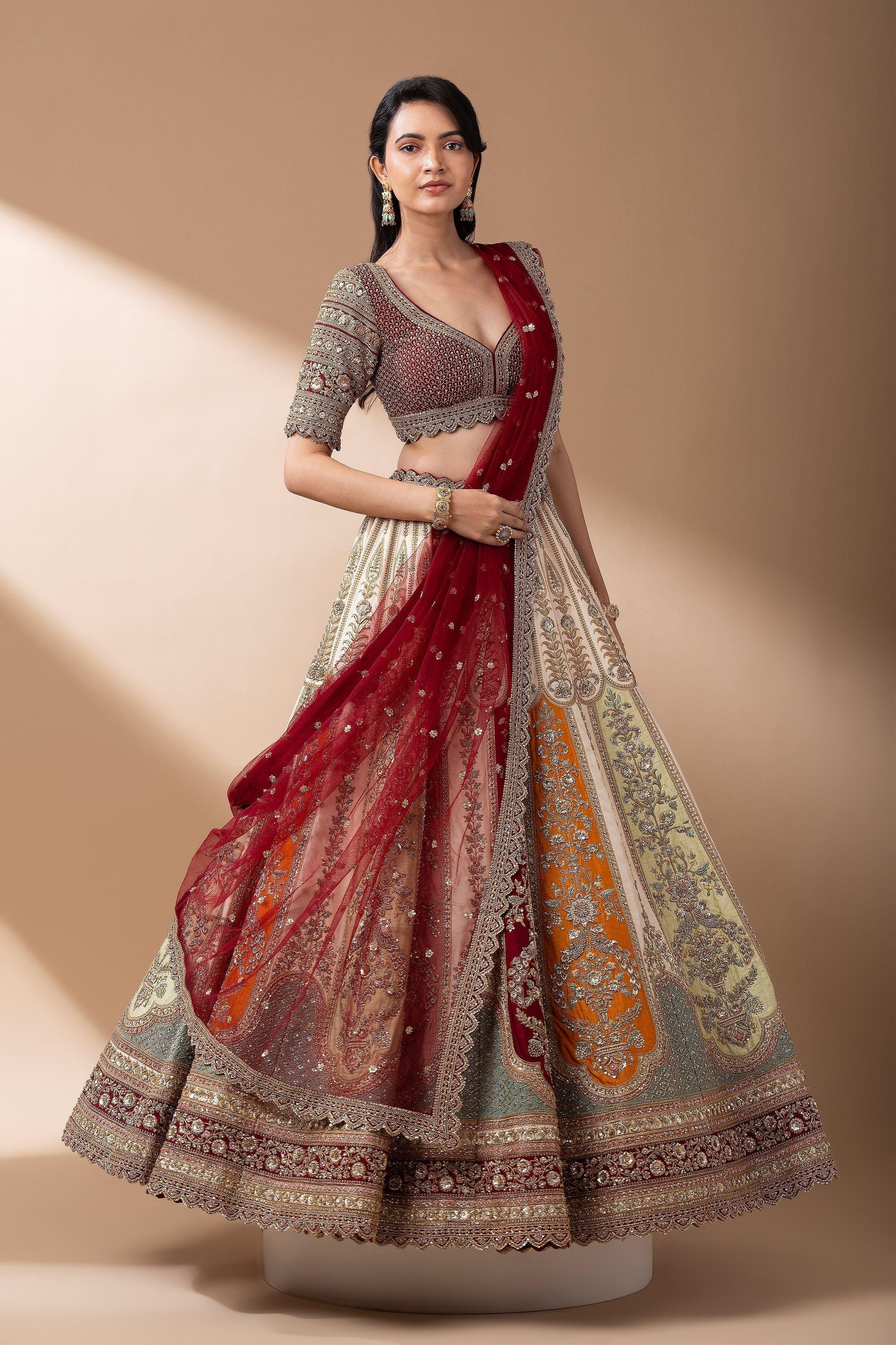 Regal Multicolor Paneled Bridal Lehenga Mokshaa