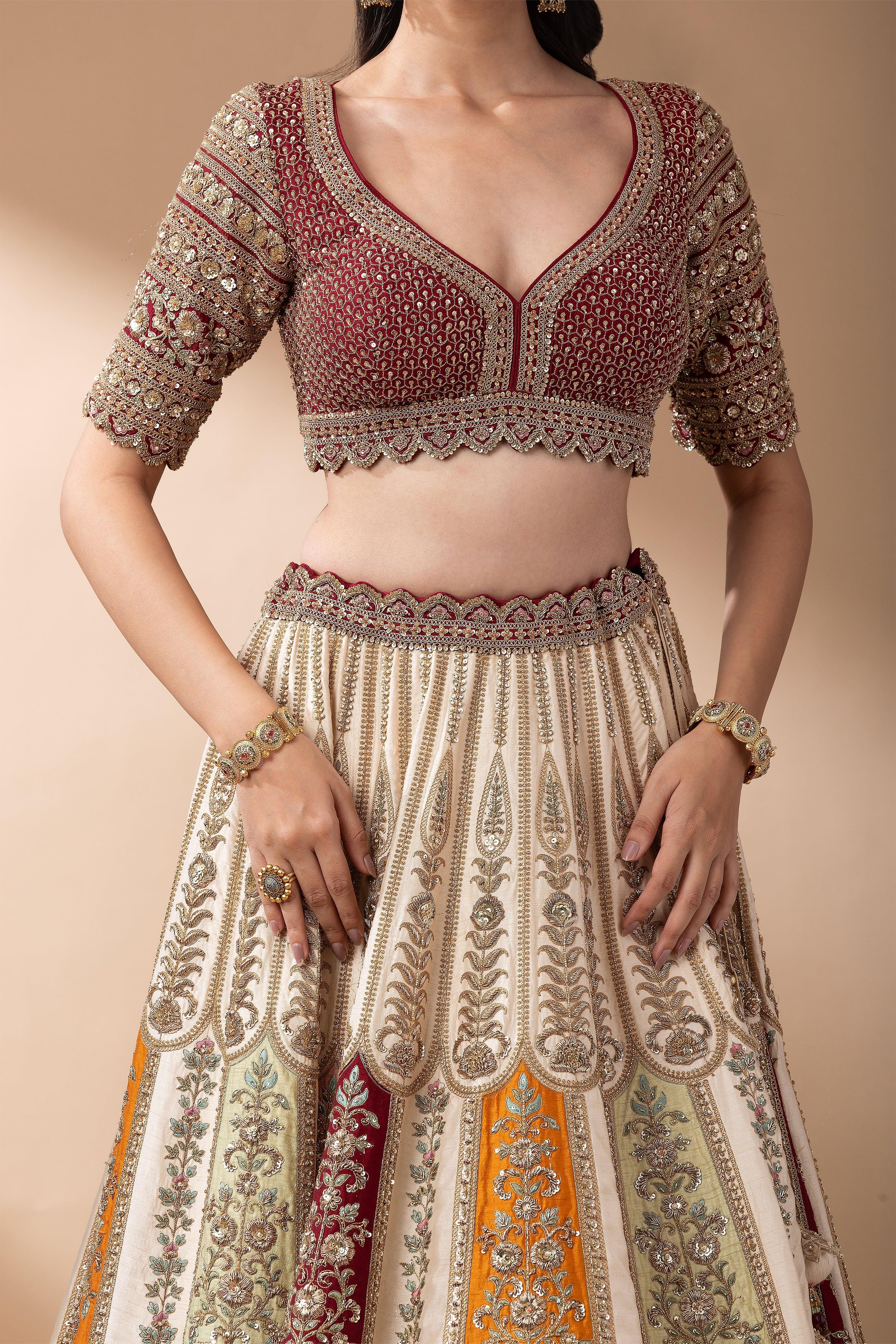 Regal Multicolor Paneled Bridal Lehenga Mokshaa