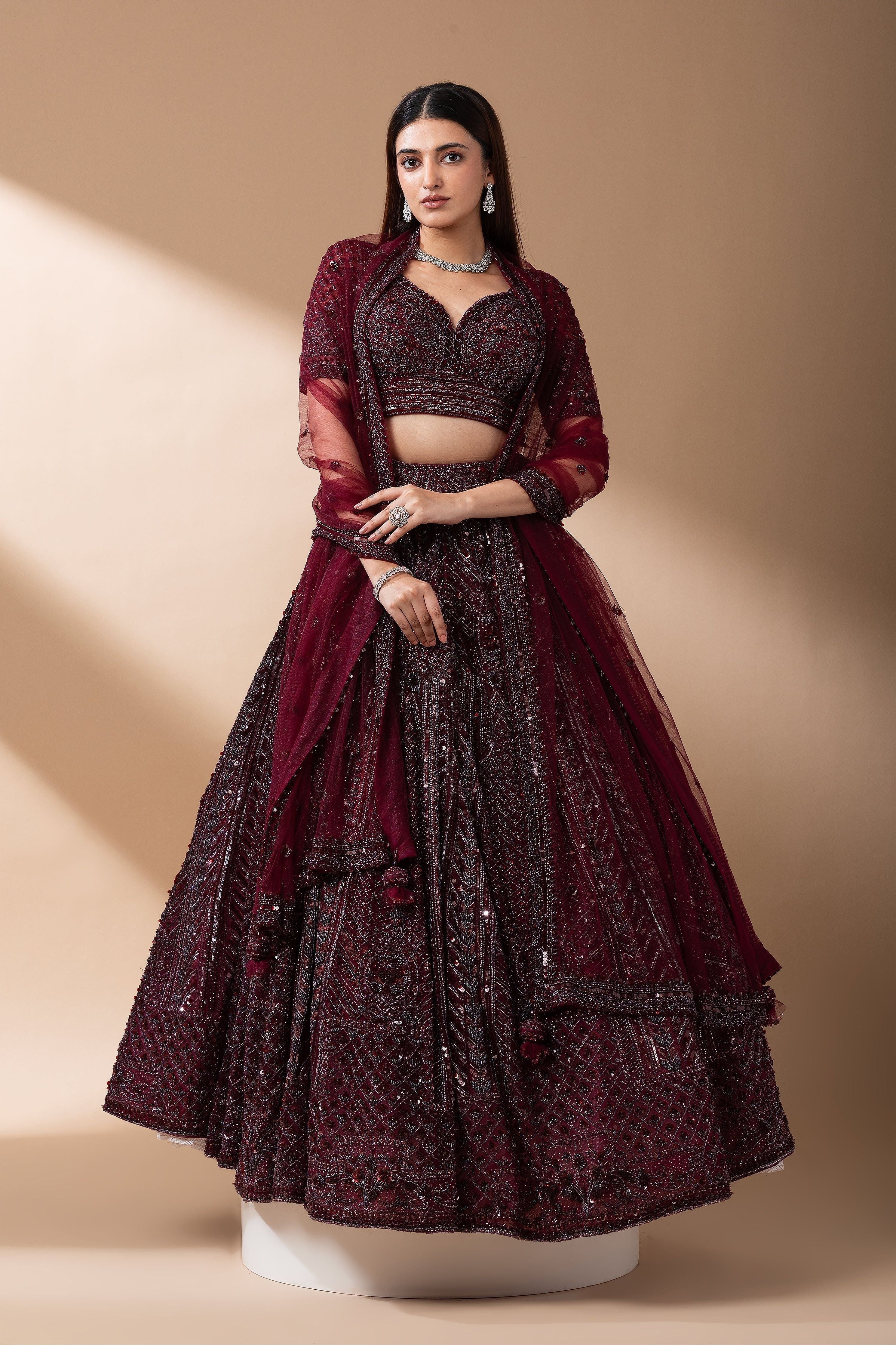 Deep Wine Embroidered Bridal Lehenga set Mokshaa