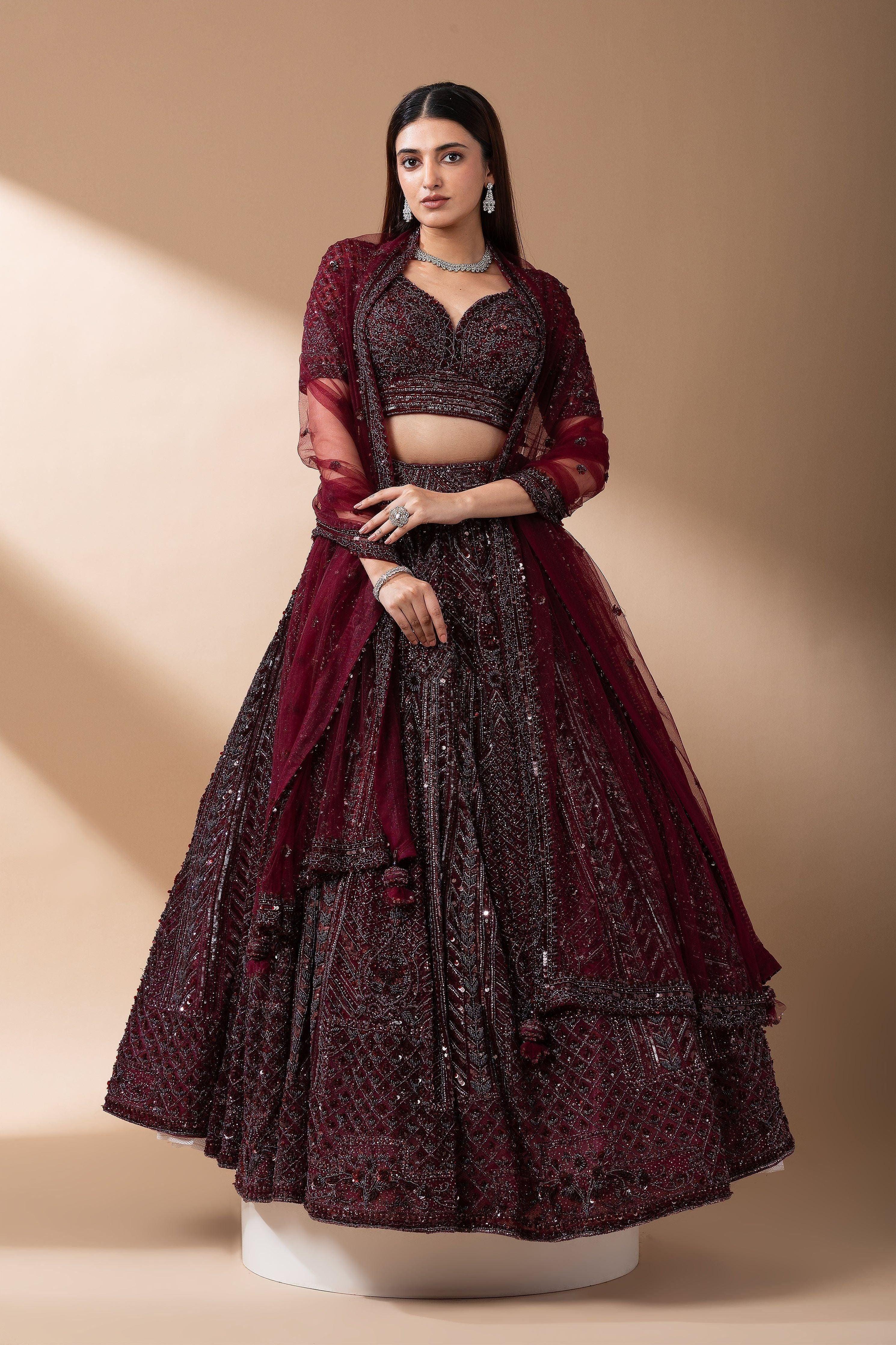 Deep Wine Embroidered Bridal Lehenga set Mokshaa