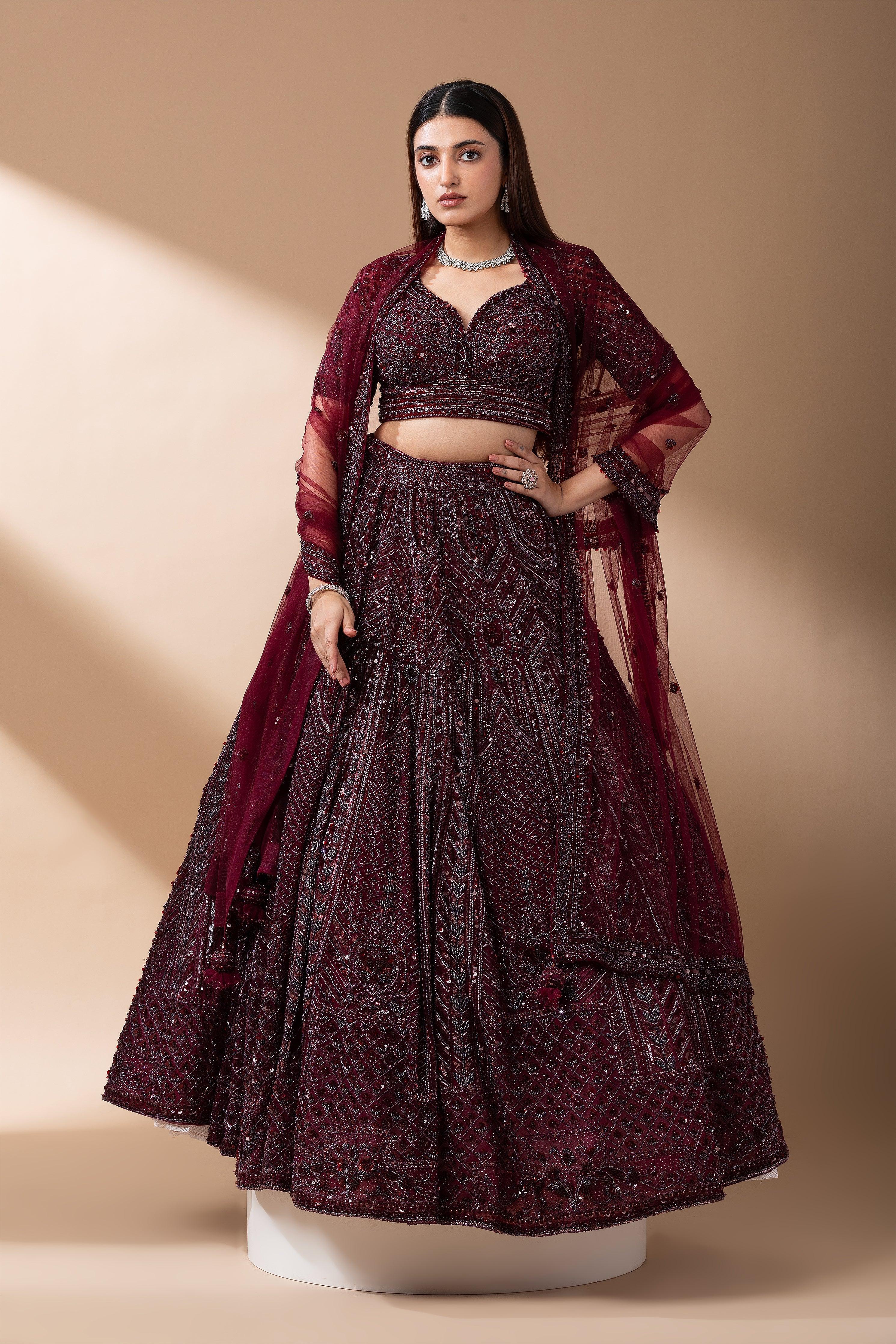 Deep Wine Embroidered Bridal Lehenga set Mokshaa
