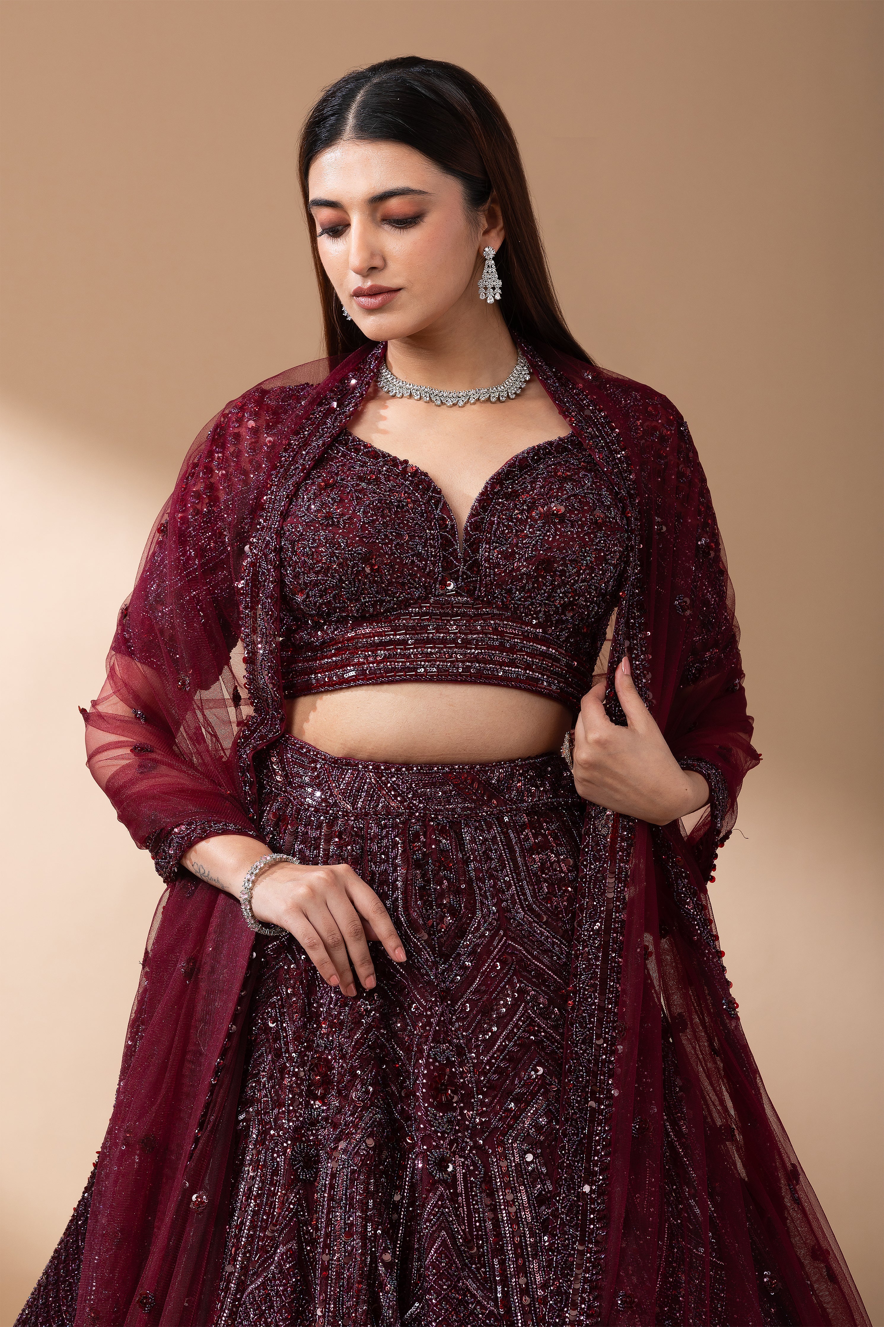 Deep Wine Embroidered Bridal Lehenga set Mokshaa