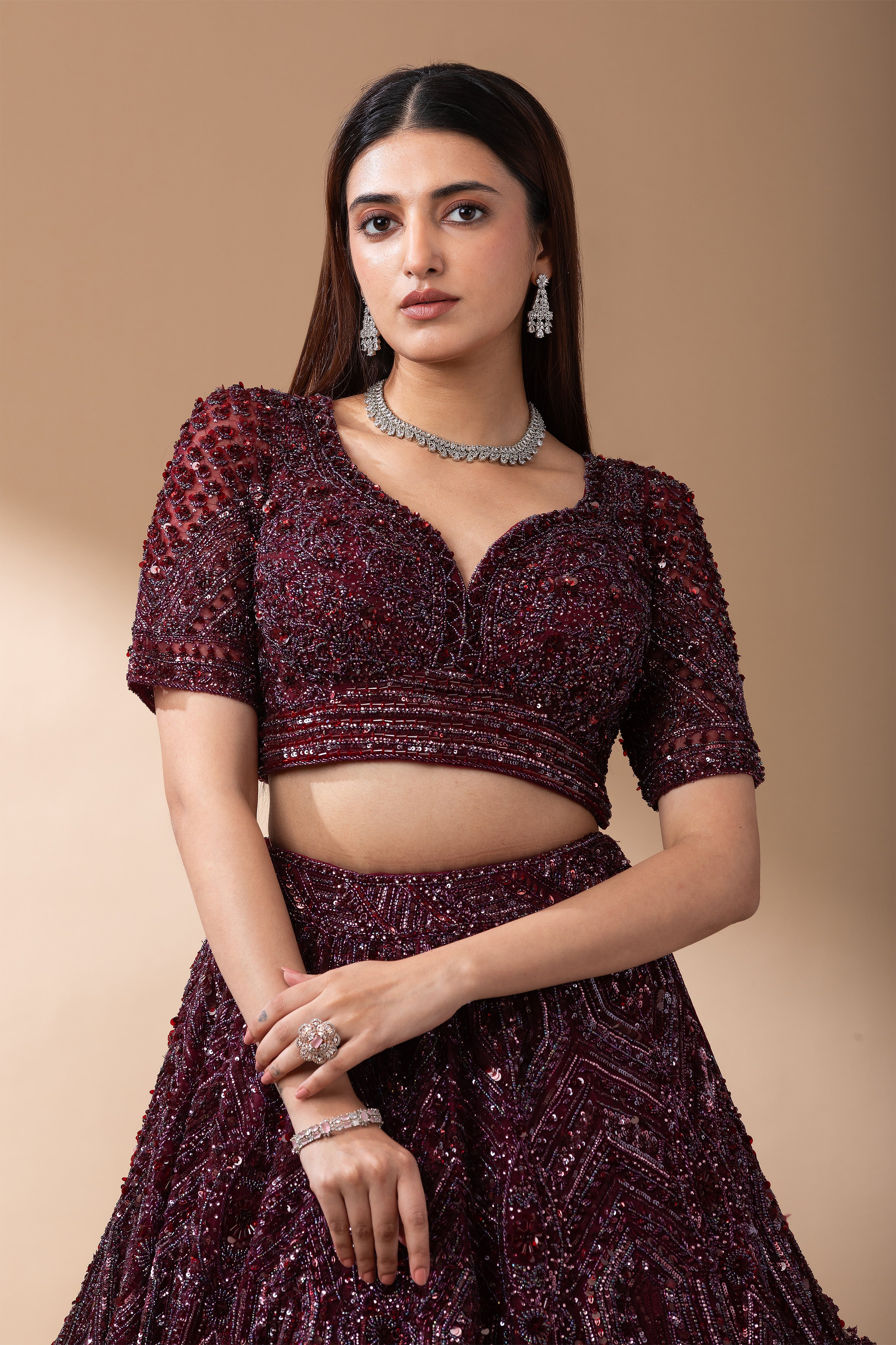 Deep Wine Embroidered Bridal Lehenga set Mokshaa