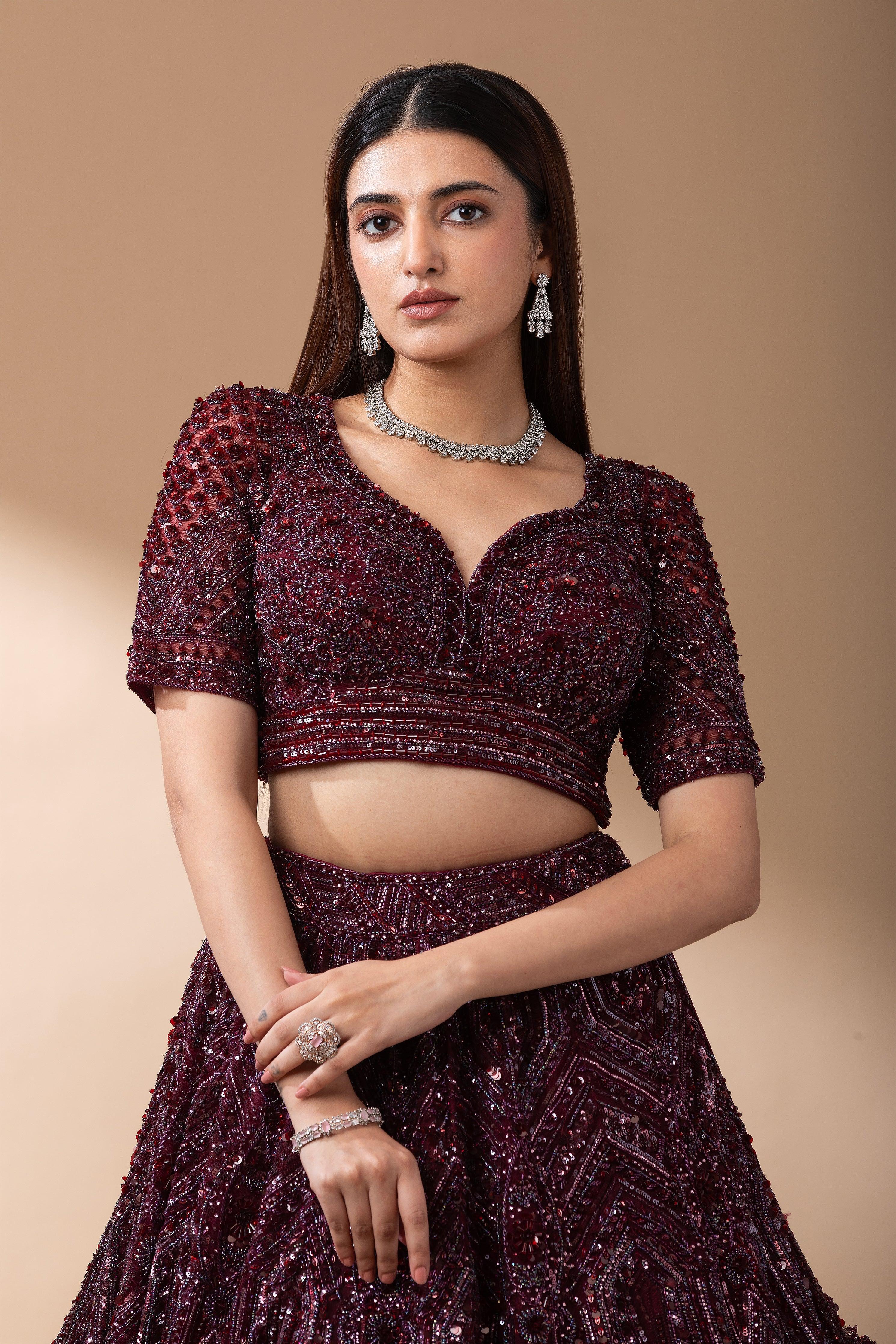 Deep Wine Embroidered Bridal Lehenga set Mokshaa