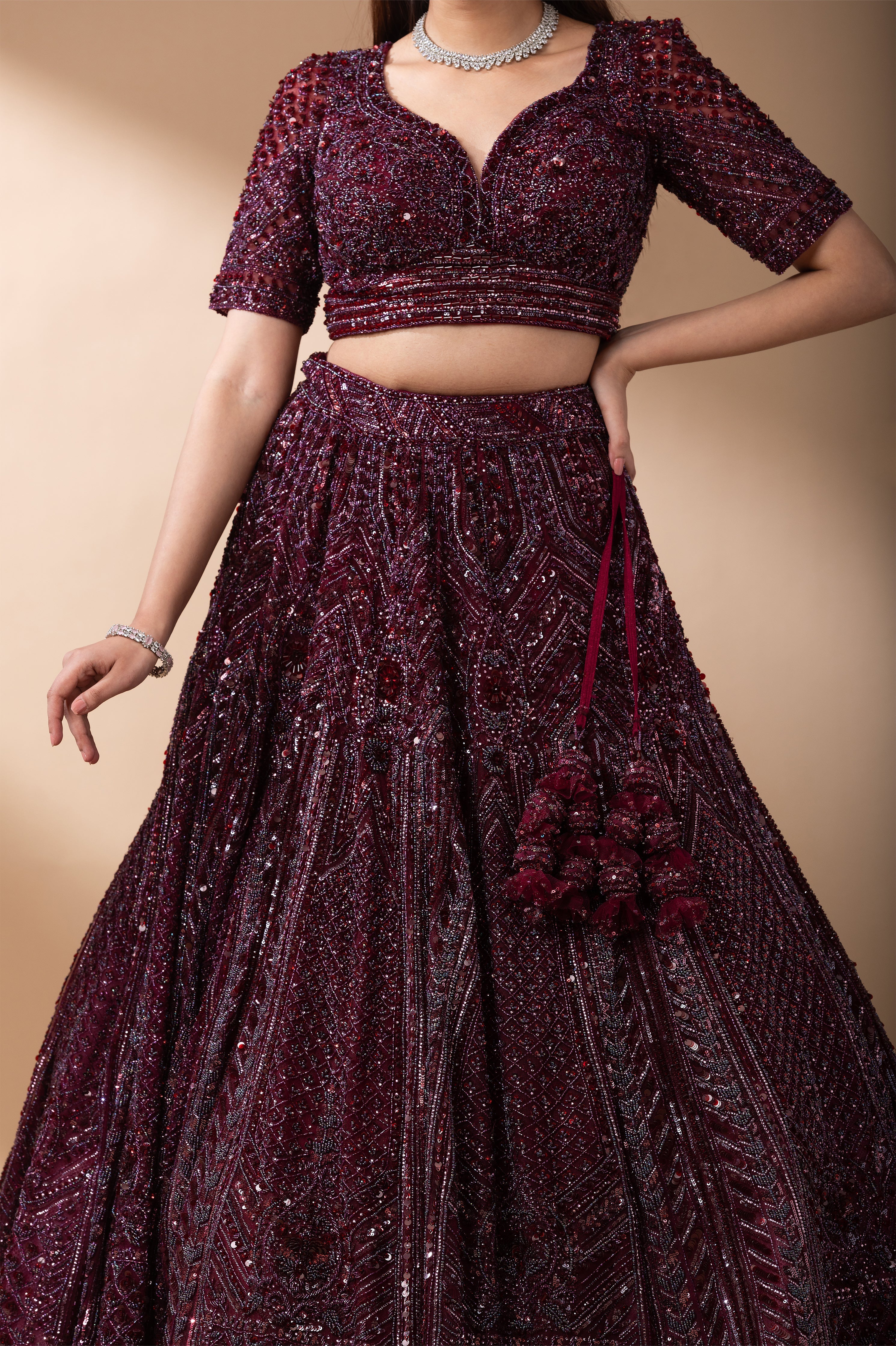 Deep Wine Embroidered Bridal Lehenga set Mokshaa
