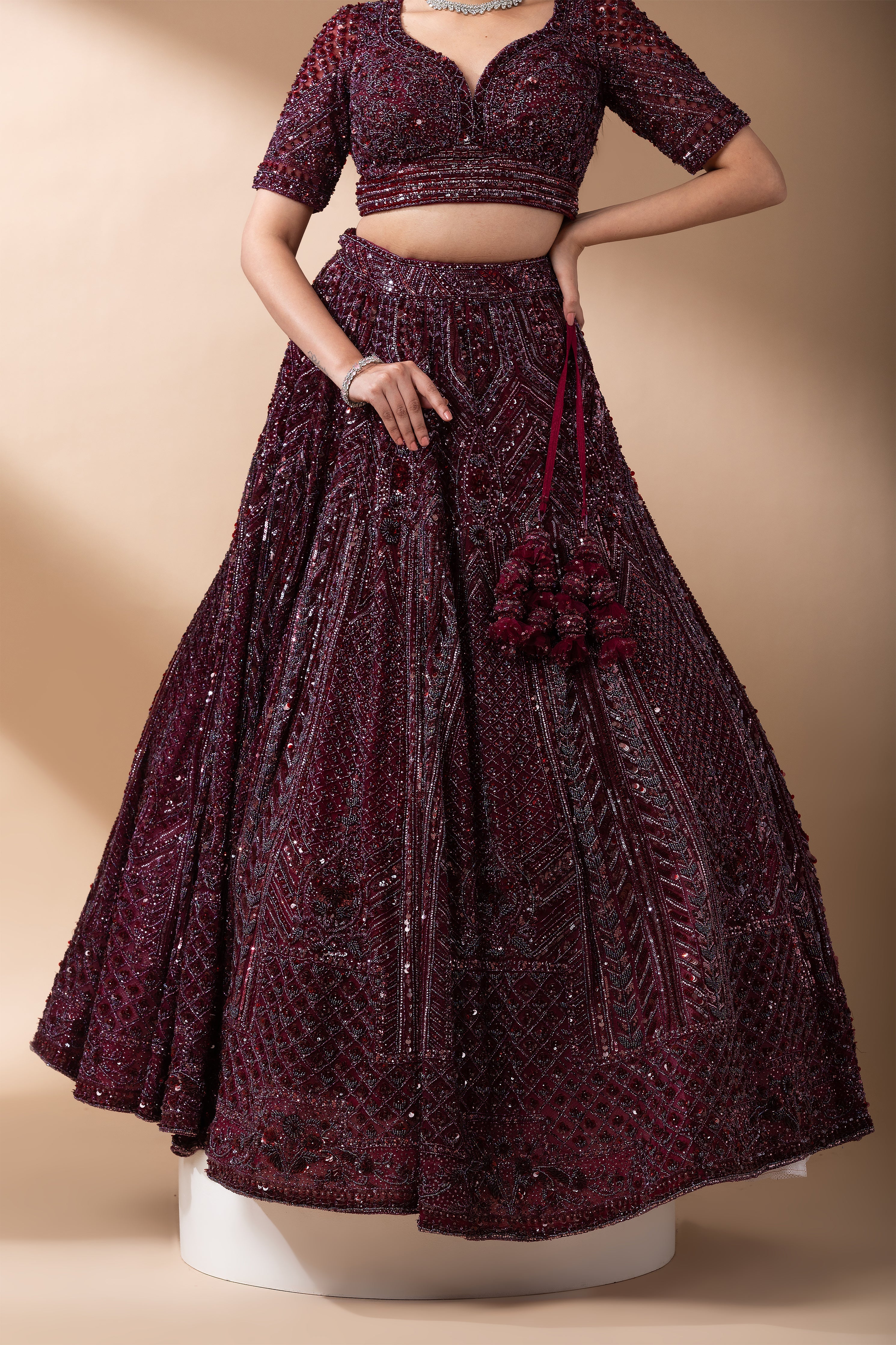 Deep Wine Embroidered Bridal Lehenga set Mokshaa