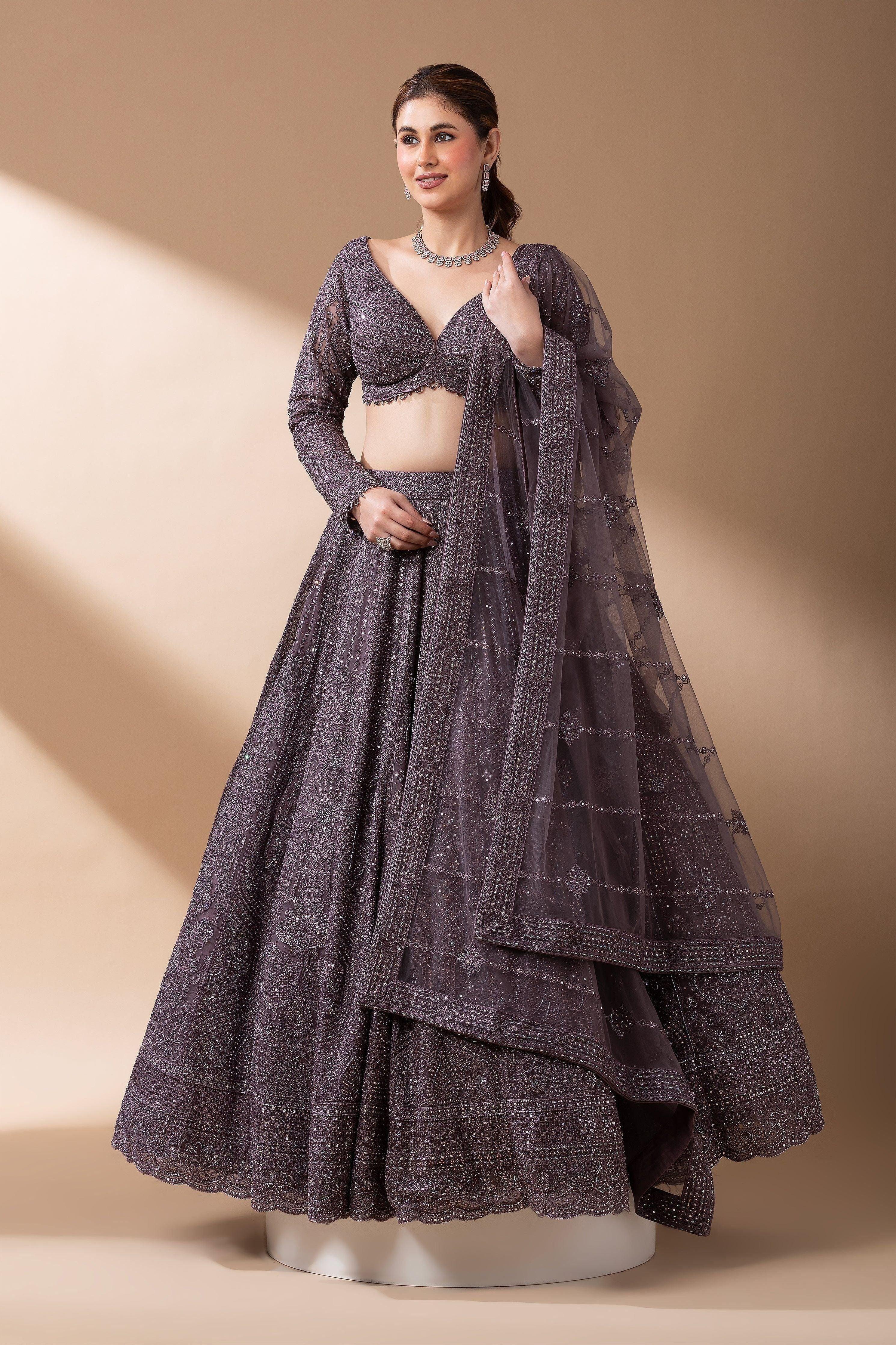Smoky Mauve Net Lehenga Set Mokshaa