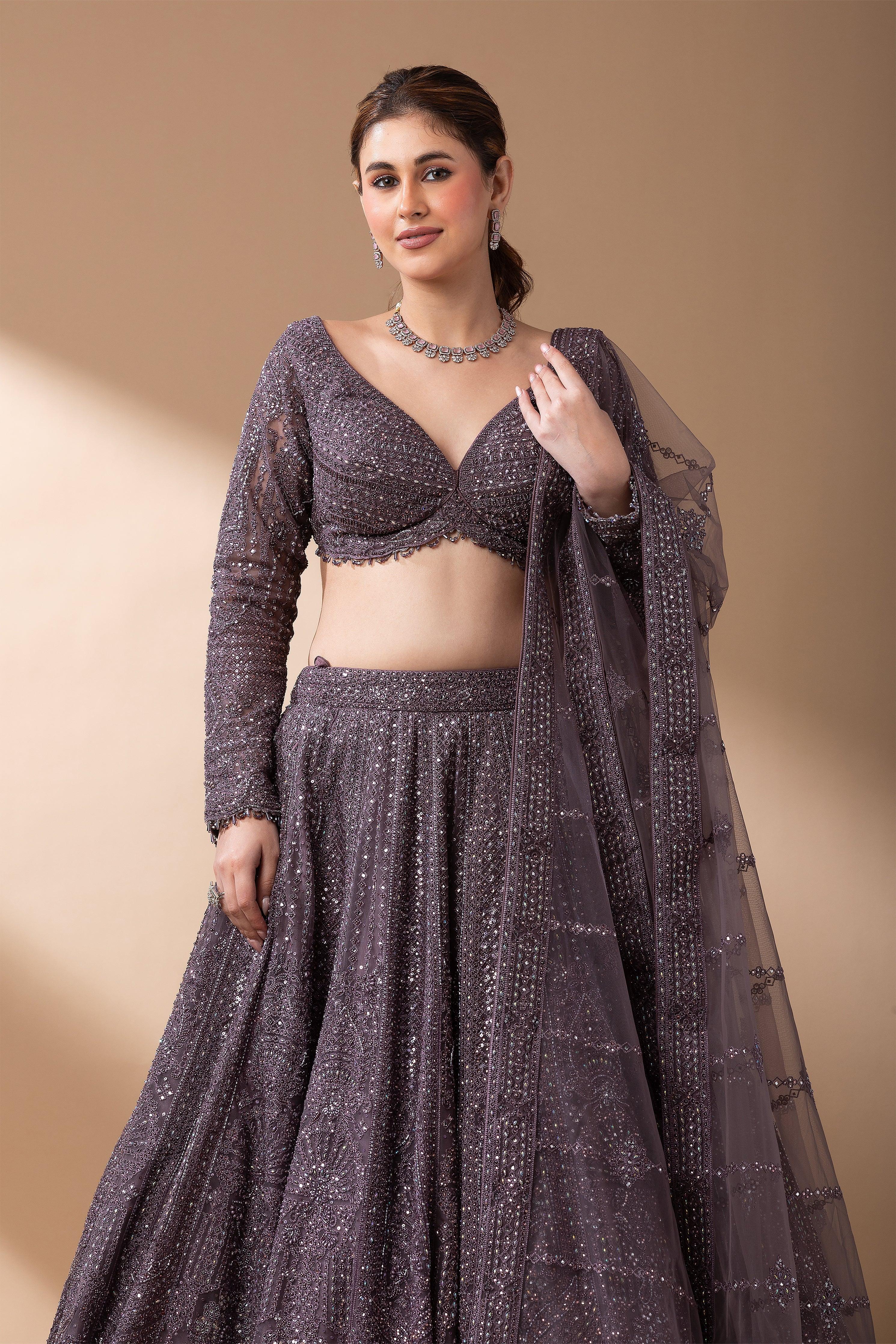 Smoky Mauve Net Lehenga Set Mokshaa