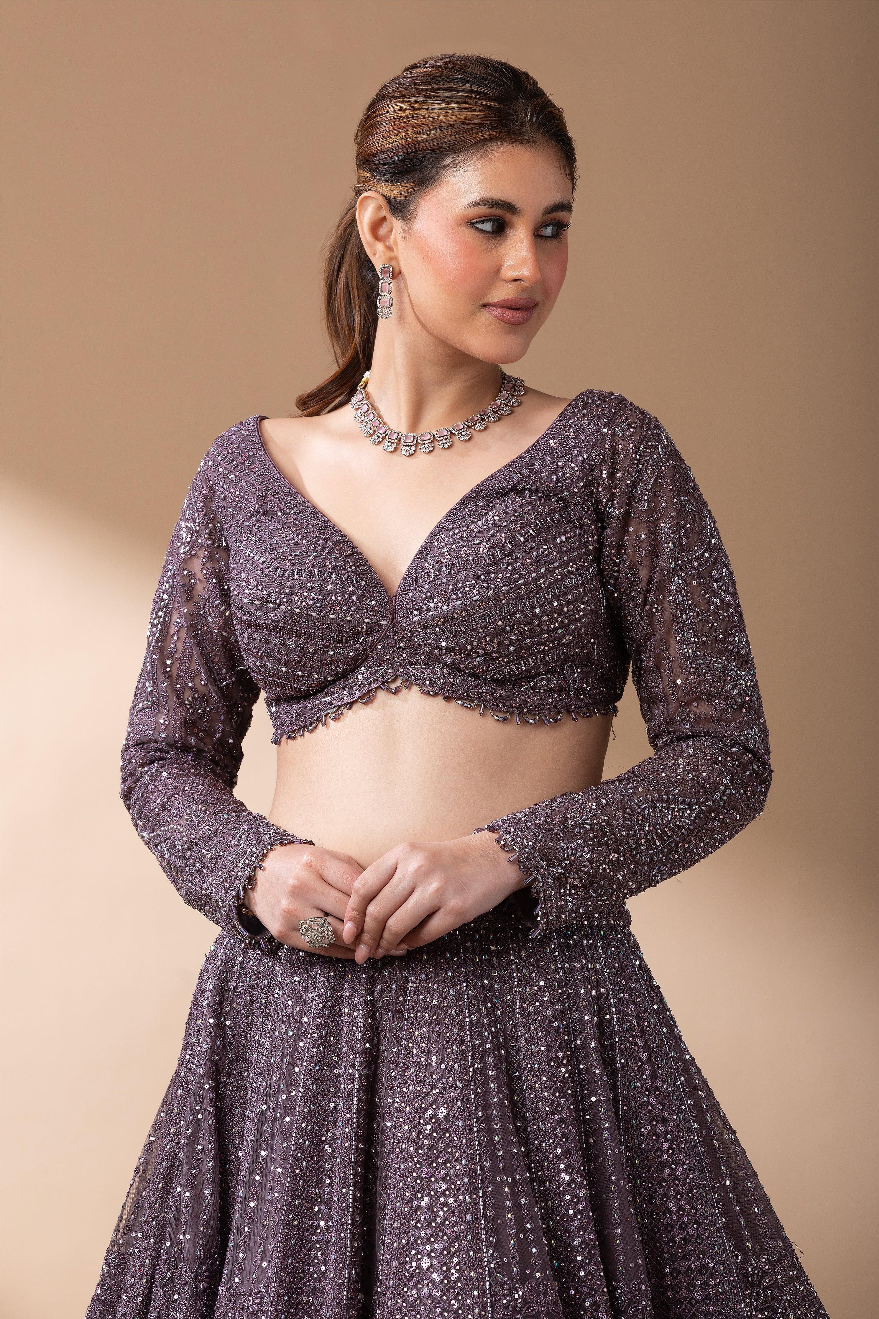 Smoky Mauve Net Lehenga Set Mokshaa
