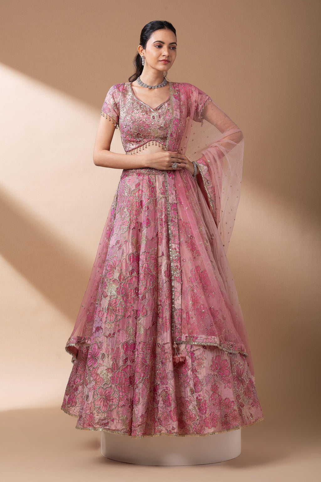 Rose Pink Mist Soft Blush Floral Lehenga