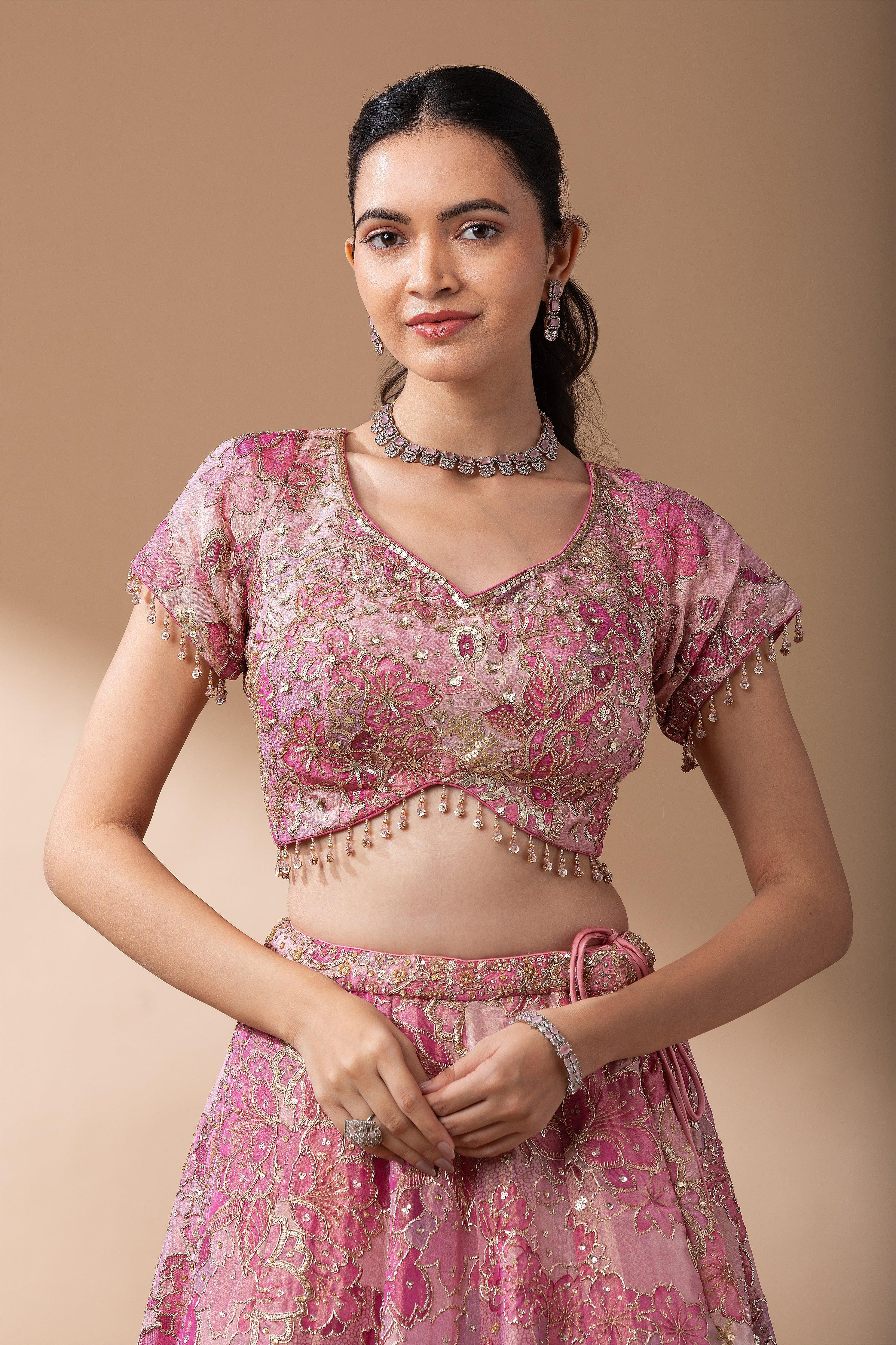 Blush Pink Floral Embroidered Lehenga Set  Mokshaa