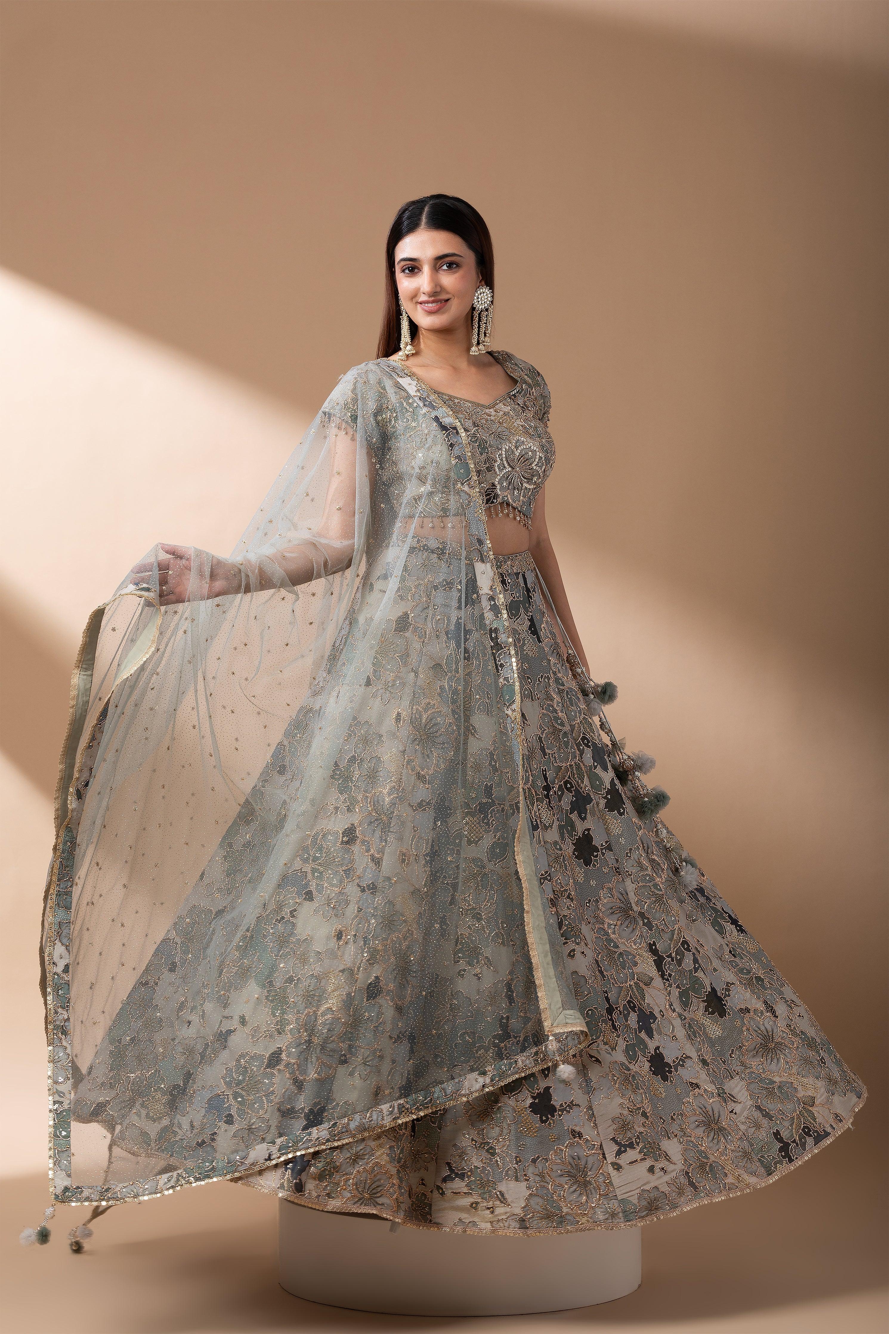 Sage Green Floral Embroidered Lehenga Set Mokshaa
