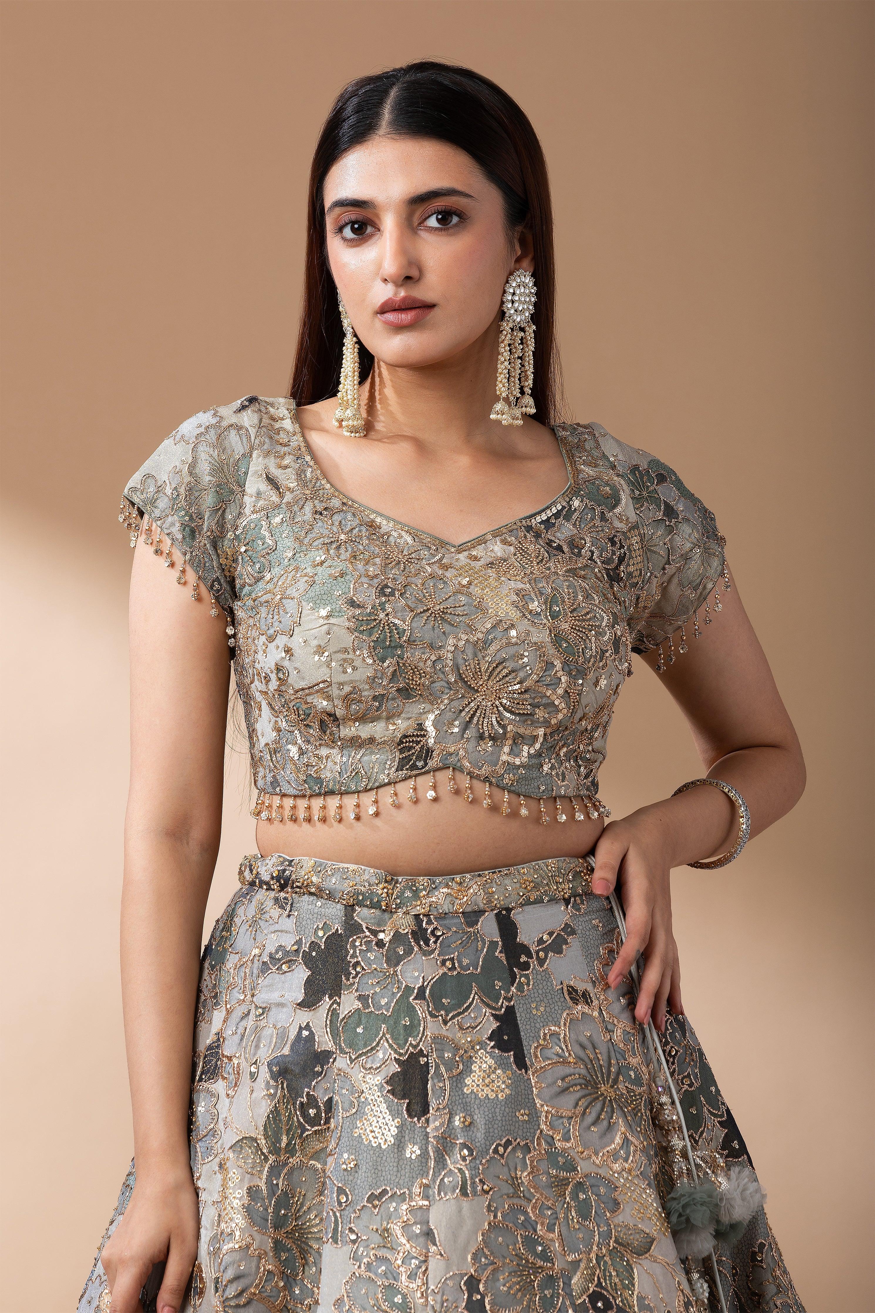 Sage Green Floral Embroidered Lehenga Set Mokshaa