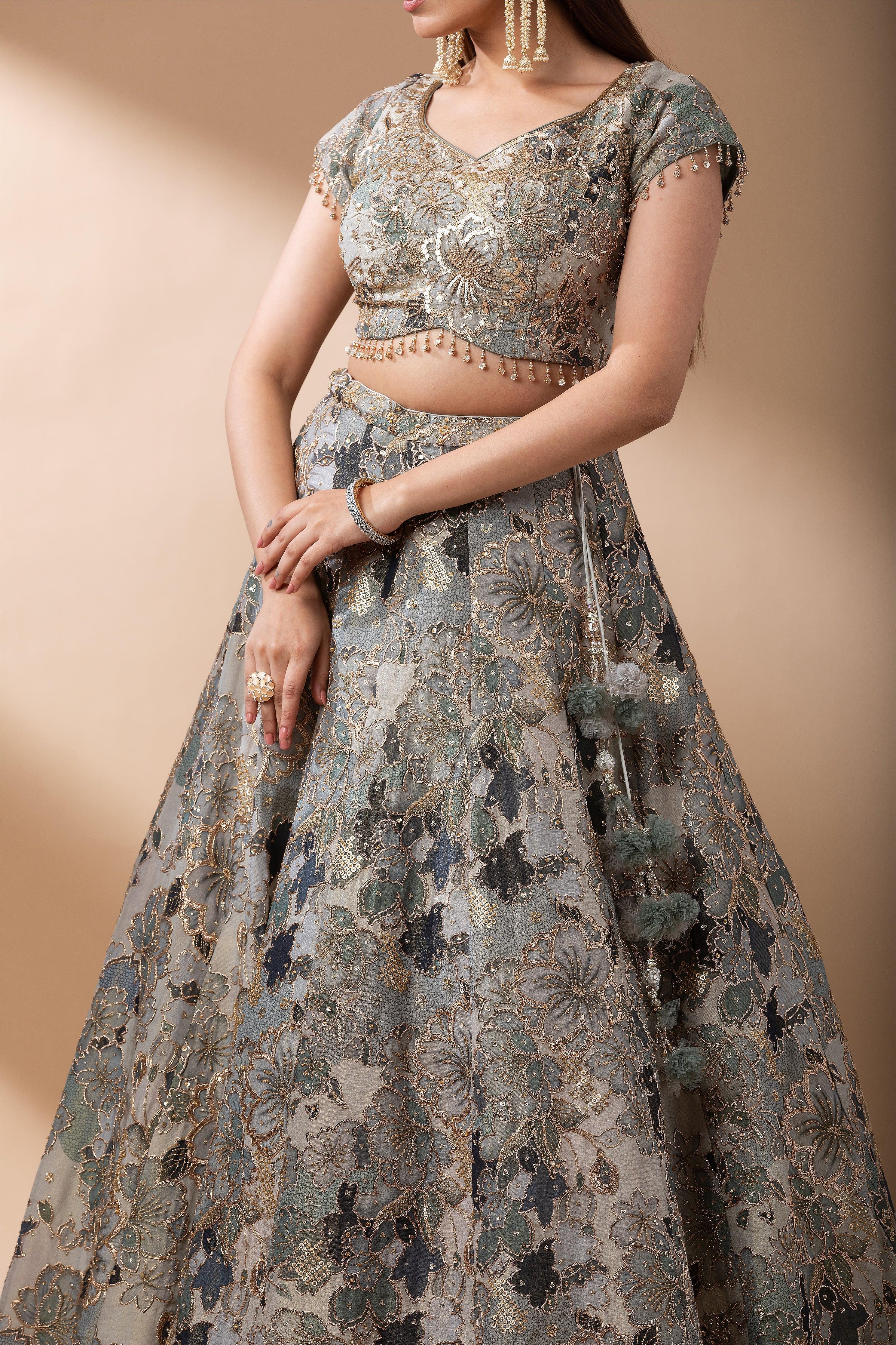 Sage Green Floral Embroidered Lehenga Set Mokshaa