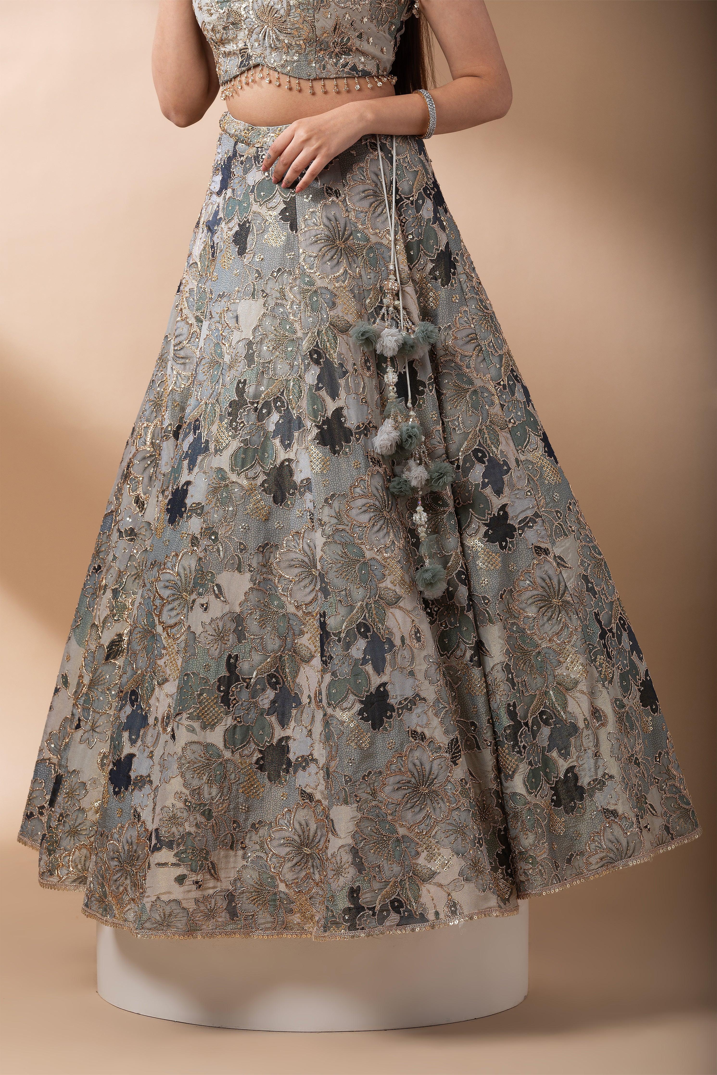 Sage Green Floral Embroidered Lehenga Set Mokshaa