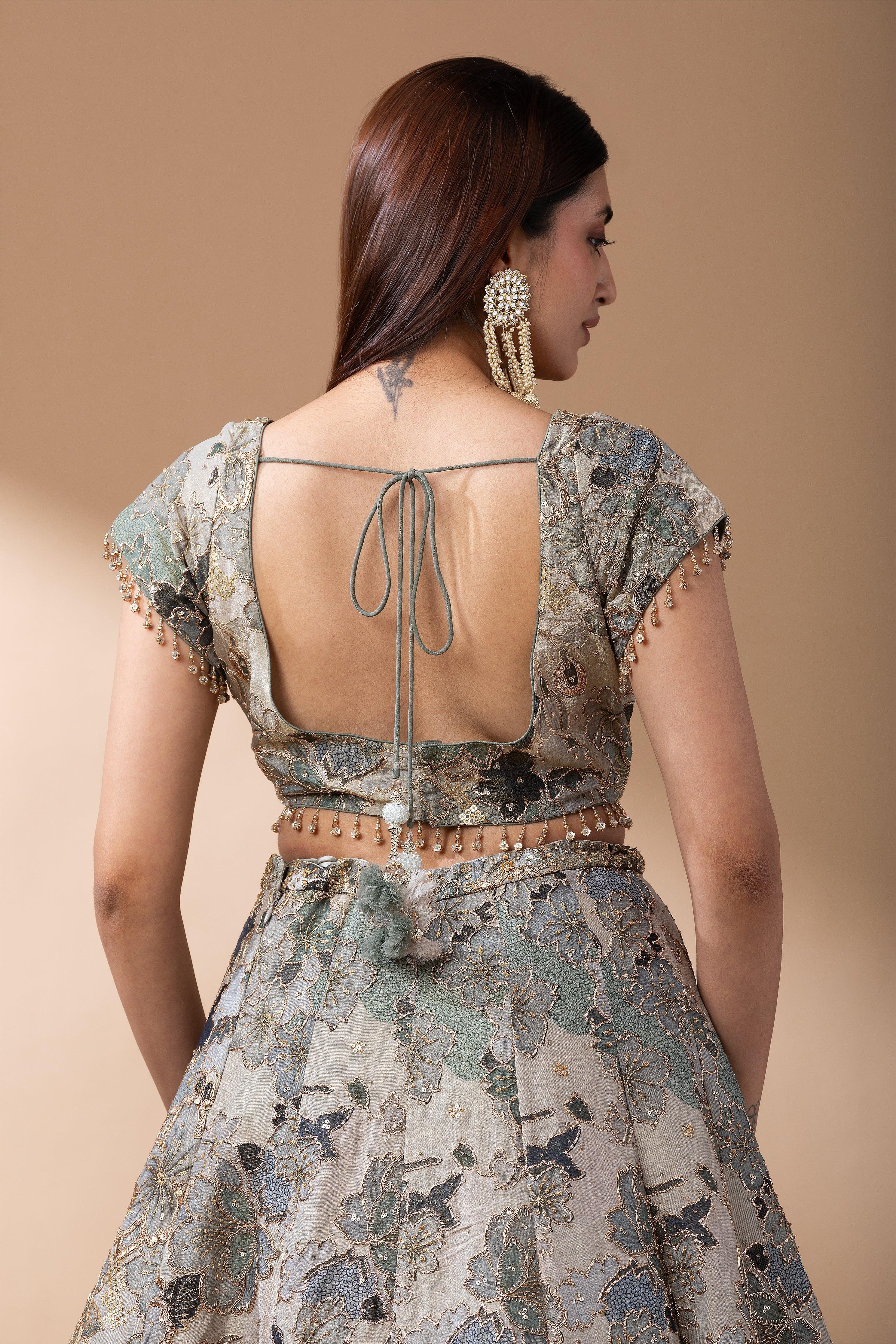 Sage Green Floral Embroidered Lehenga Set Mokshaa