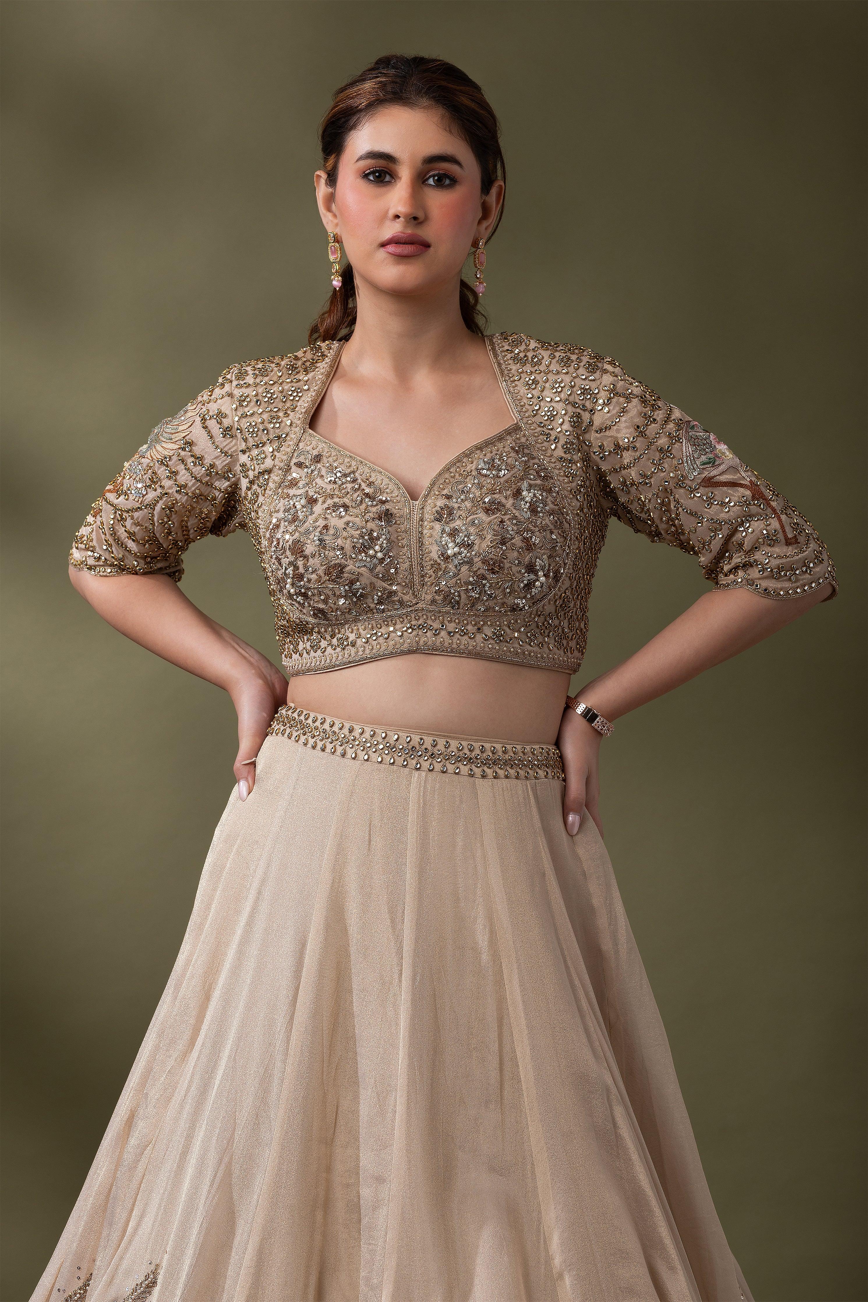 Champagne Gold Embroidered Lehenga Set Mokshaa