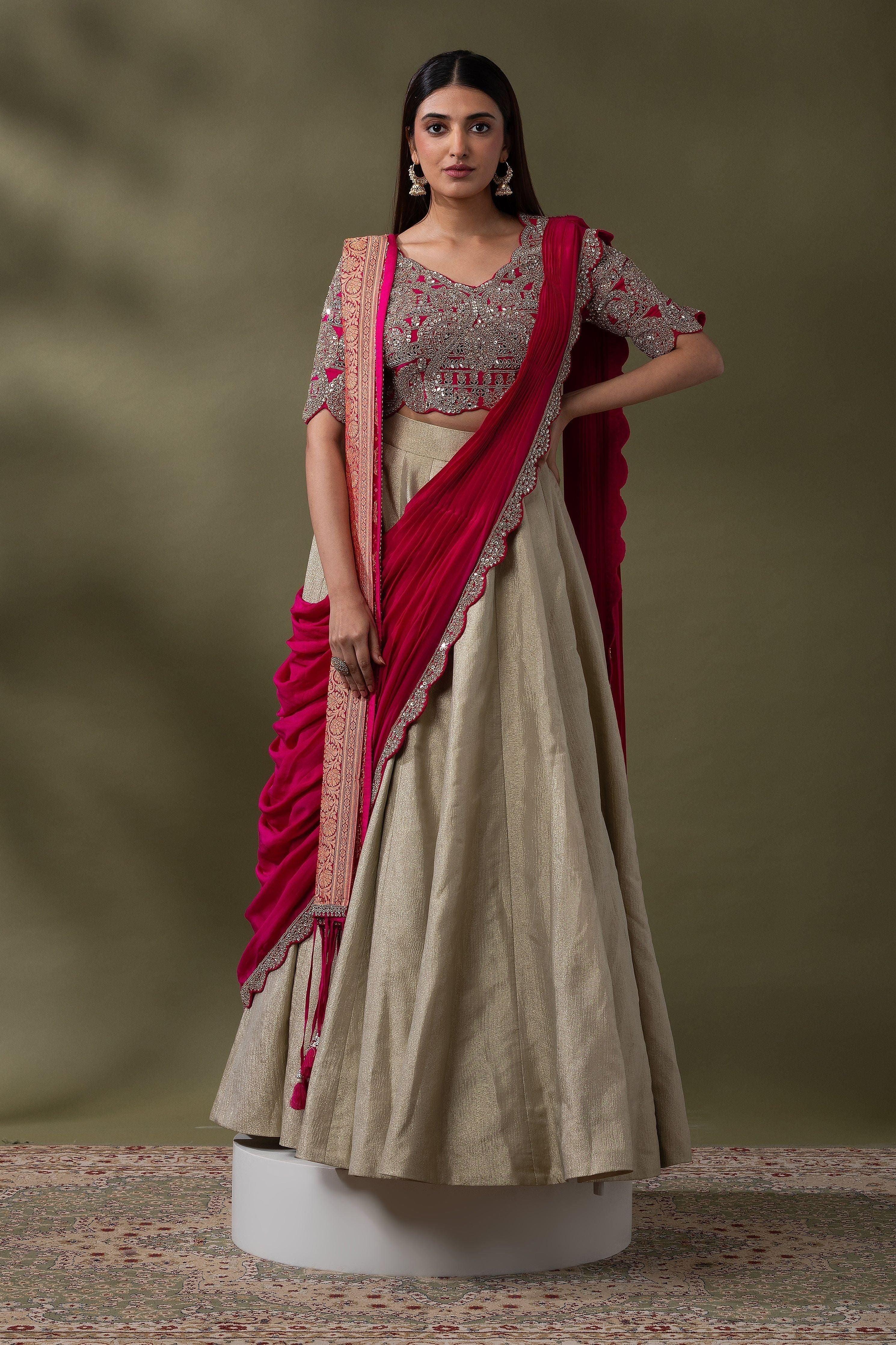 Beige and Fuchsia double drape Lehenga Set Mokshaa