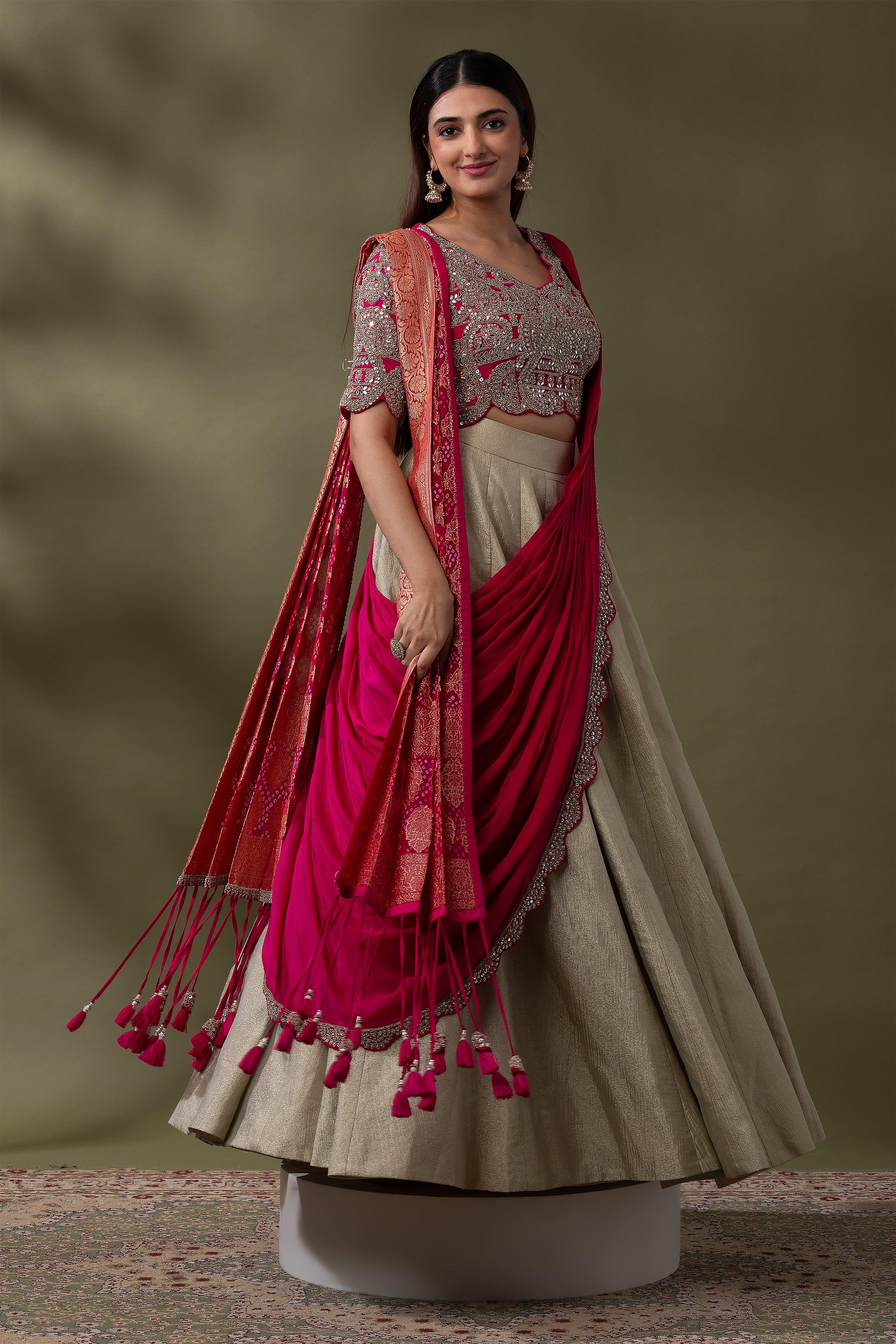 Beige and Fuchsia double drape Lehenga Set Mokshaa