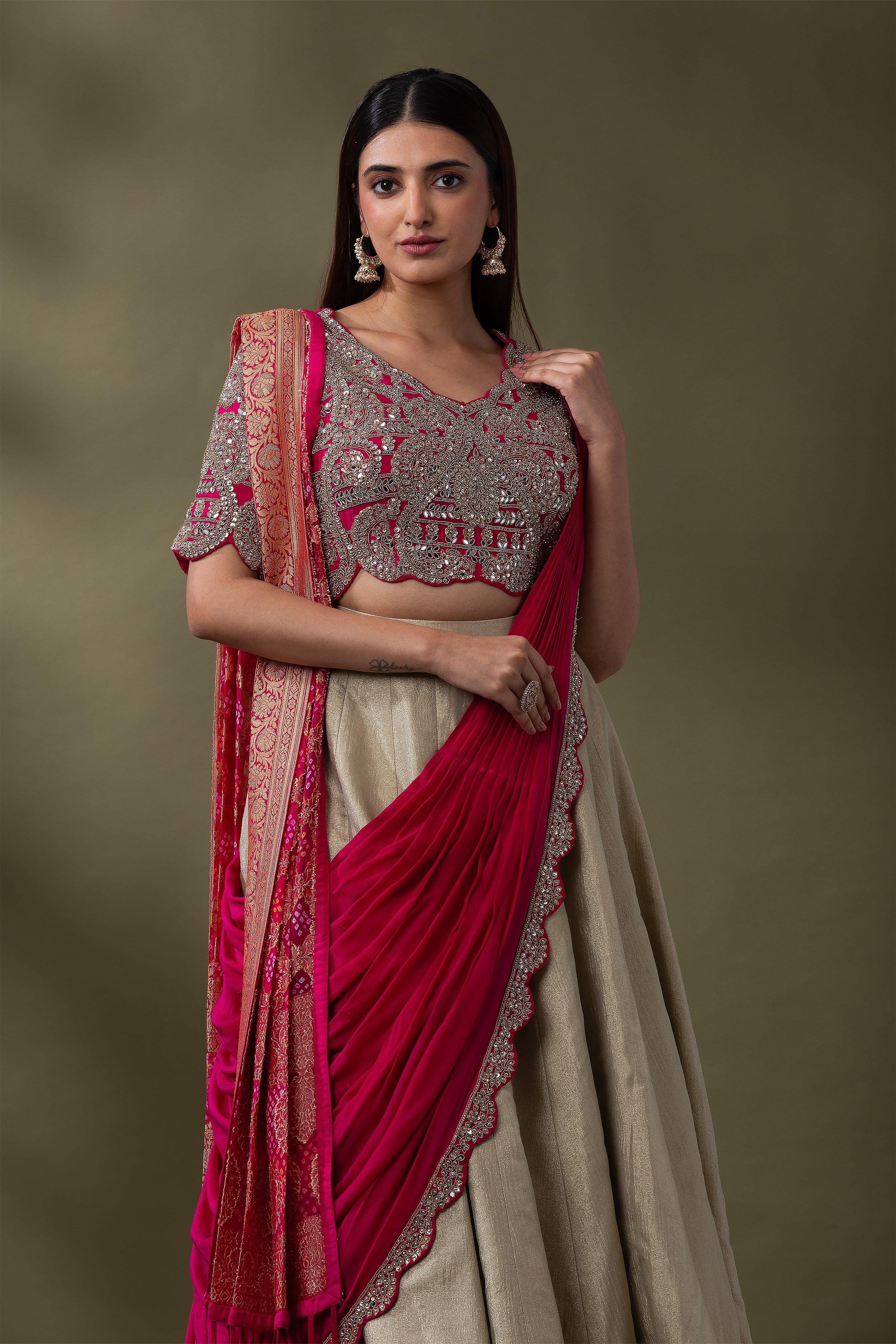 Beige and Fuchsia double drape Lehenga Set Mokshaa