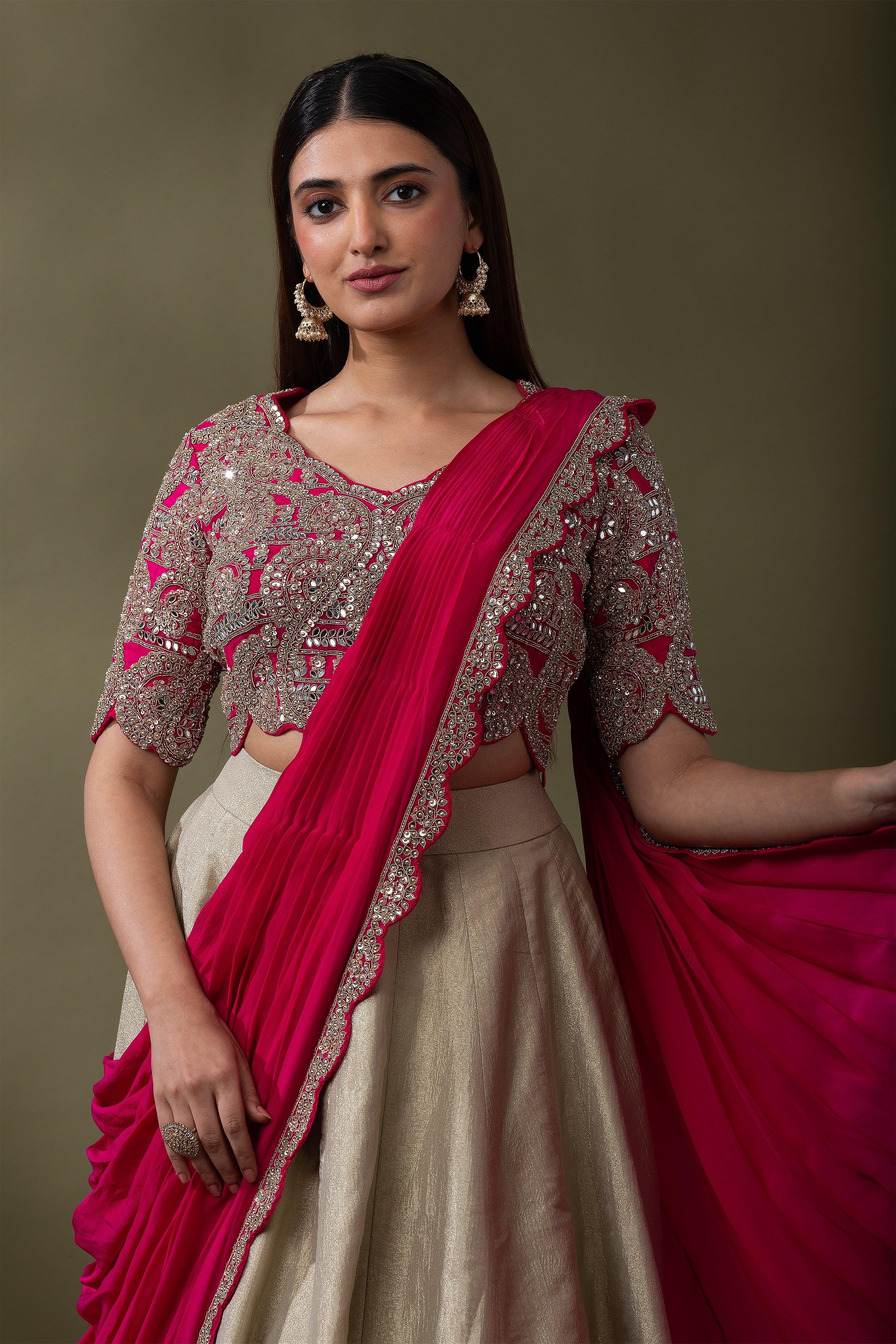 Beige and Fuchsia double drape Lehenga Set Mokshaa