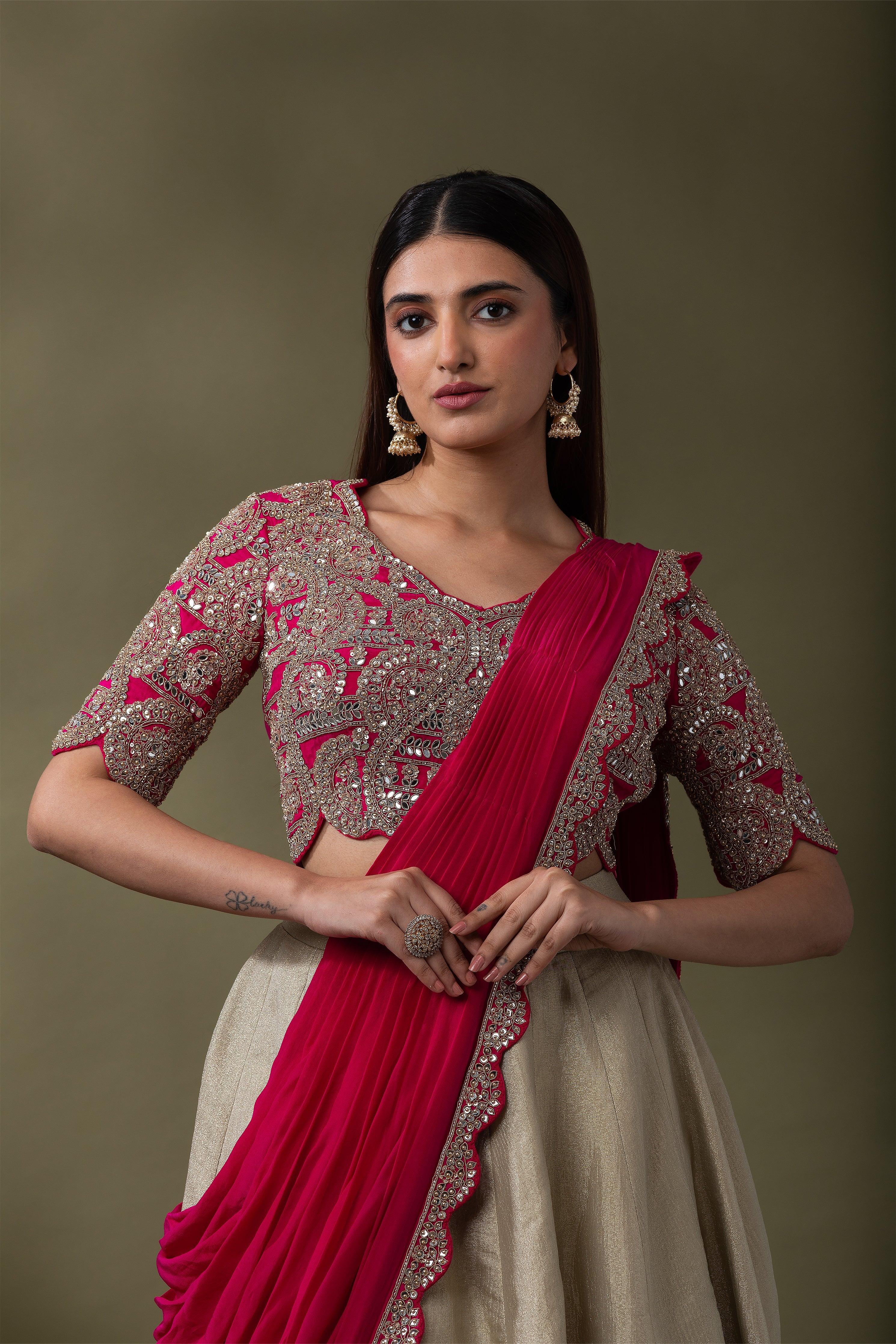 Beige and Fuchsia double drape Lehenga Set Mokshaa